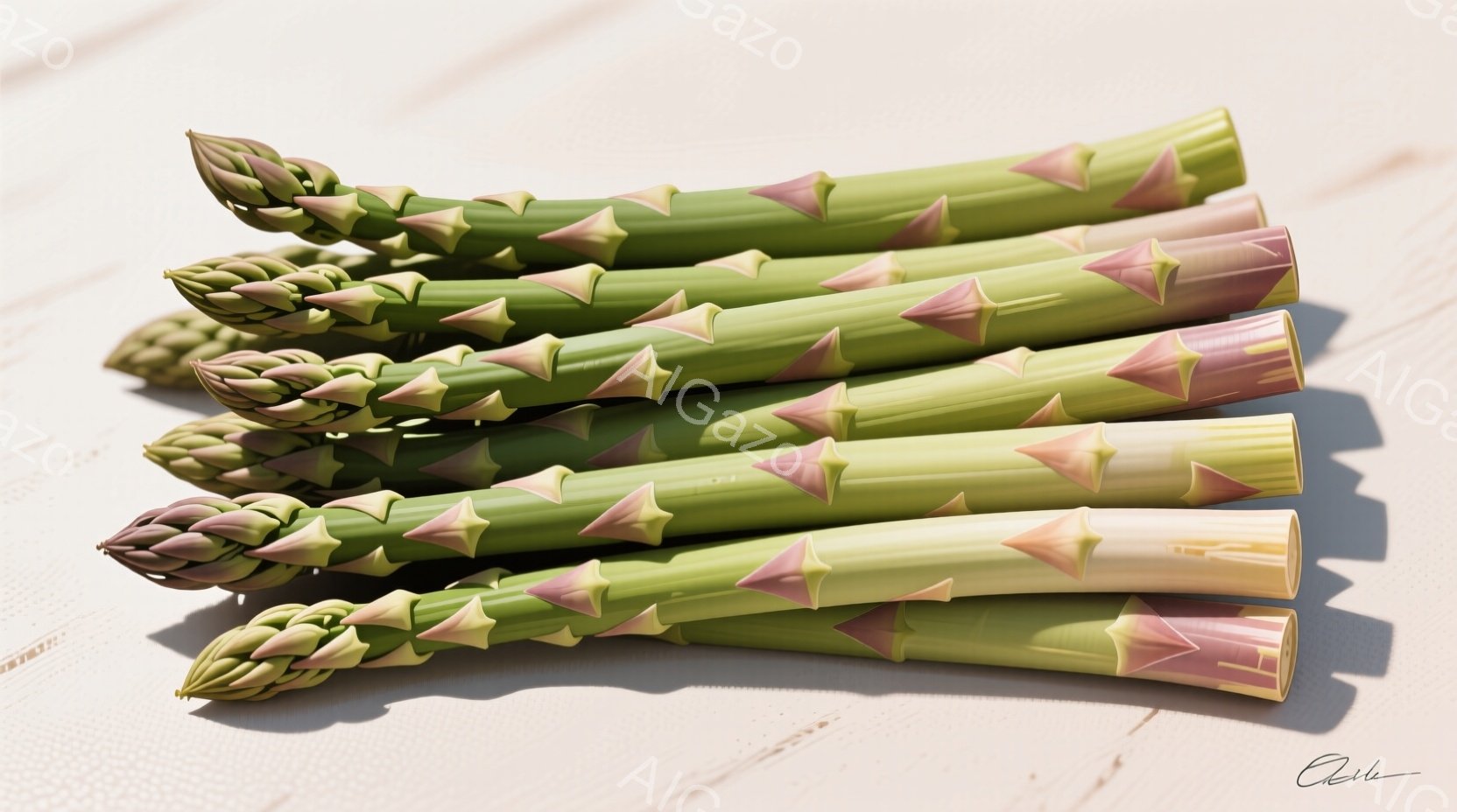 浅緑色のアスパラガスが数本、白い木製の背景の上に積み重ねられている様子が写っている。アスパラガスの先端は紫色がかっており、それぞれの茎には微細な鱗のような模様が見て取れる。全体的に影が薄く、自然光の下で撮影されたような、爽やかでシンプルな雰囲気が漂っている。