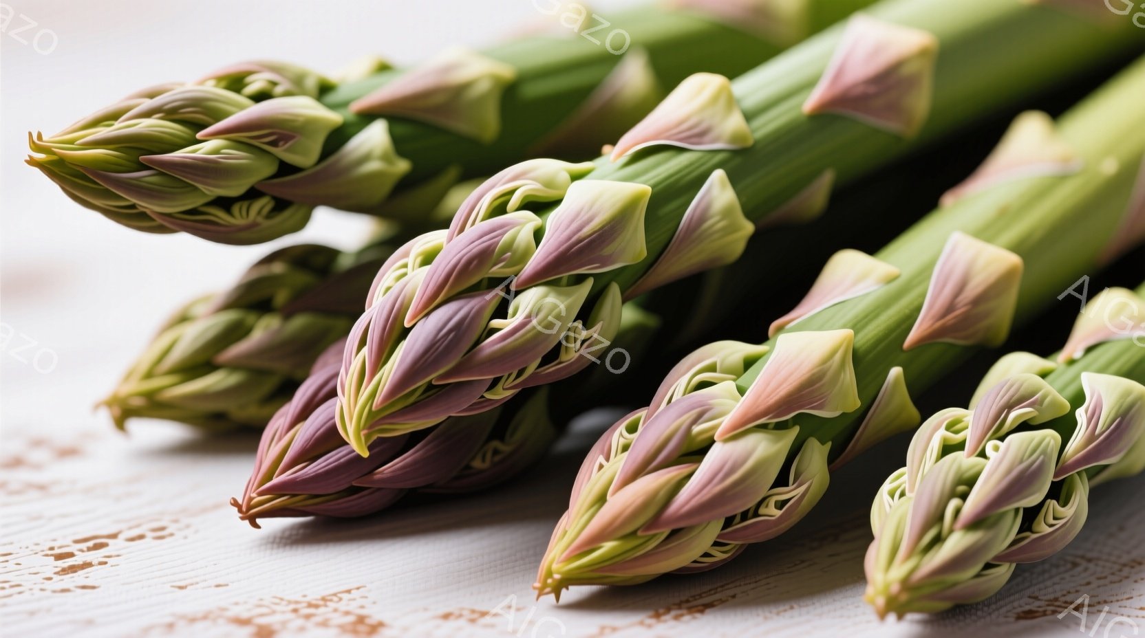 紫と白のグラデーションが美しいユリの花のつぼみが複数、白い木製の背景に並べられている様子を捉えている。花びらはまだ閉じており、内側からほんのりとピンク色が覗き、繊細な美しさを感じさせる。全体的に穏やかで優しい雰囲気であり、春の訪れを感じさせる。