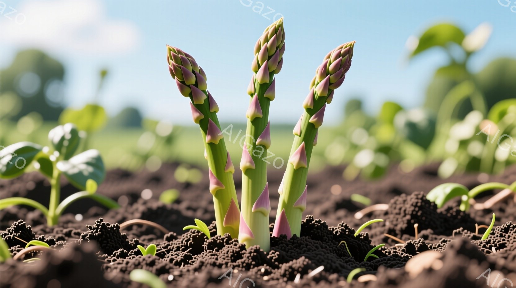 土の中から緑色のアスパラガスが数本生えている様子が写っている。周囲にはアスパラガスの葉が生え始め、土は黒く肥沃で、背景にはぼやけた緑の植物が見える。晴れた日の穏やかな光が、生命力あふれる自然の様子を強調している。