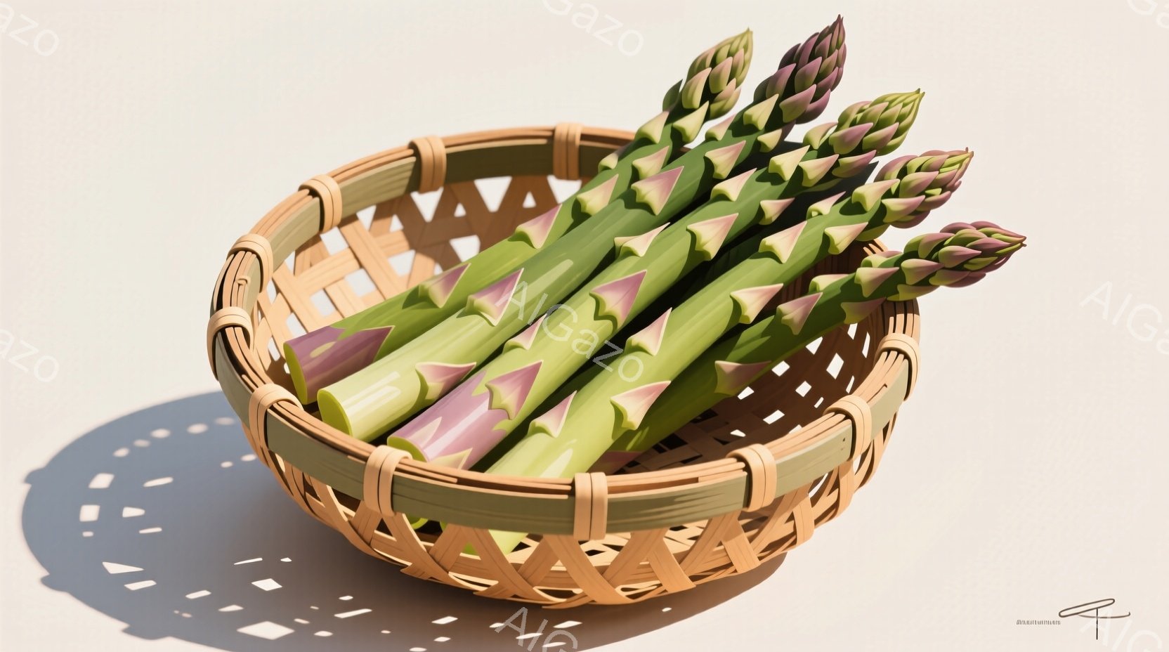 籠の中に緑色のアスパラガスがたっぷり詰まっています。アスパラガスはピンクがかった先端を持っており、光沢のある質感で表現されています。背景には光と影が織りなす模様があり、全体的に落ち着いた雰囲気です。 - AI生成フリー素材