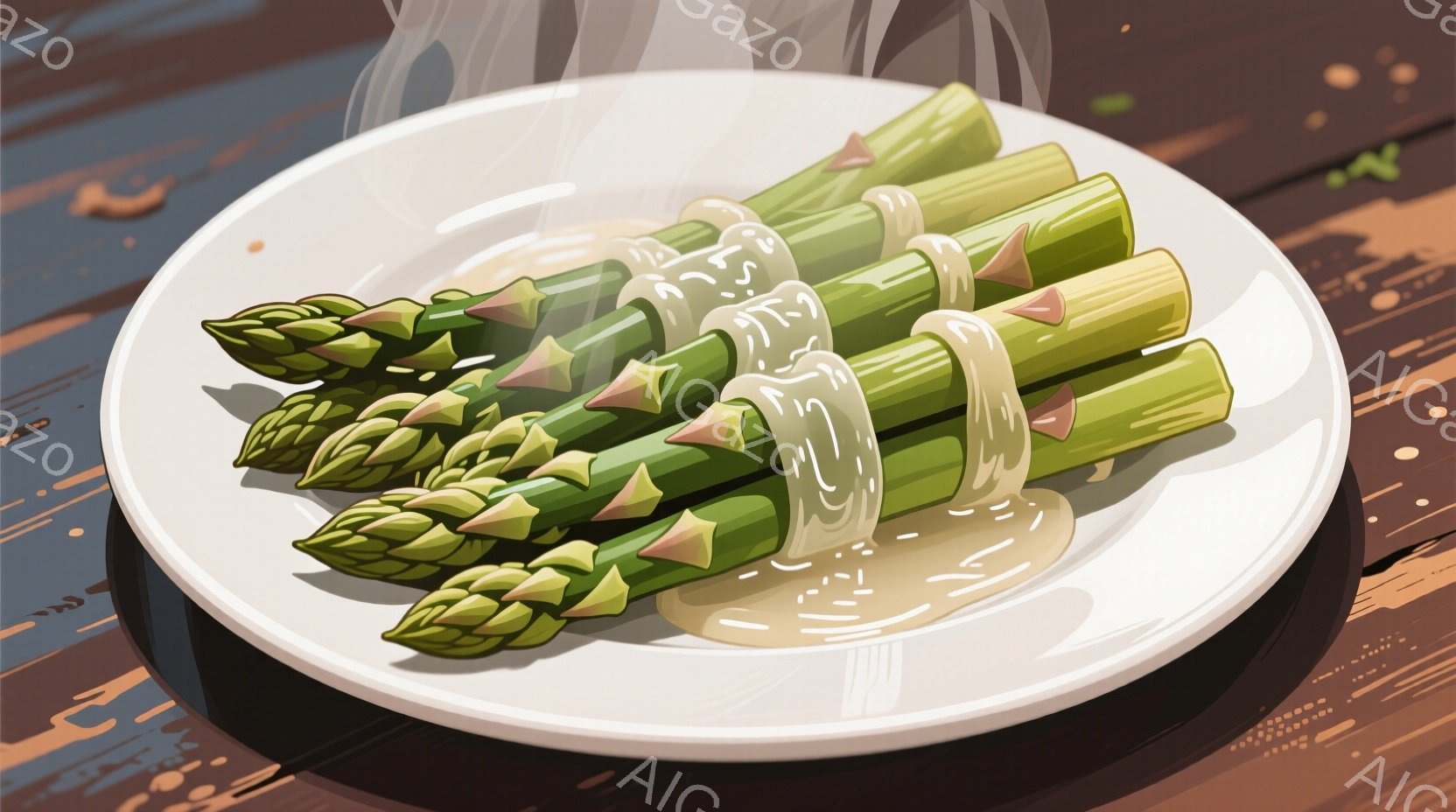 白い皿にアスパラガスが盛り付けられています。アスパラガスは薄いクリーム色のソースで覆われ、湯気が立ち上っています。背景は木目調のテーブルで、温かみのある雰囲気が漂っています。 - AI生成フリー素材
