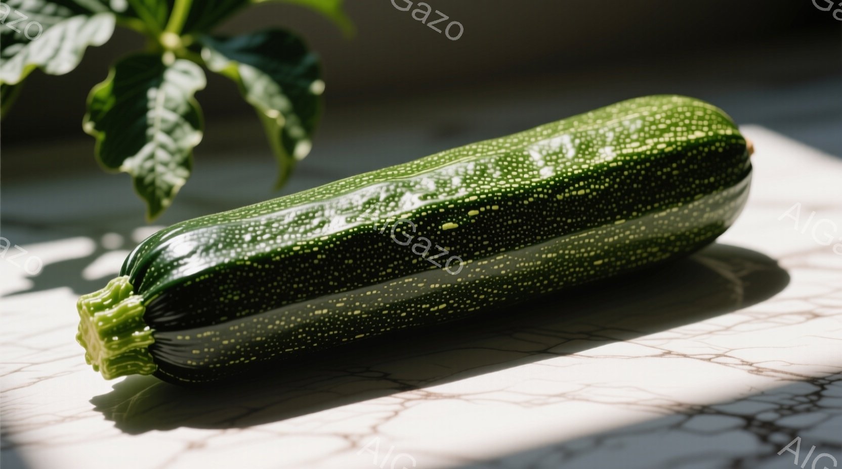 鮮やかな緑色のズッキーニが、白い大理石のような背景の上に置かれています。ズッキーニは光を受けて艶やかに輝き、表面には小さな斑点が見られます。背景には緑の葉の一部が見え、柔らかな光が全体を照らしています。