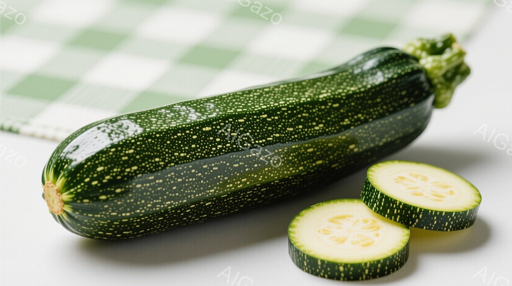 鮮やかな緑色のズッキーニが、白いテーブルクロスの上に置かれています。ズッキーニは丸くカットされたものが一つと、半分に切られたものが一つ添えられています。背景には、緑と白のチェック柄の布が見え、全体的に清潔感のある、食欲をそそる雰囲気です。