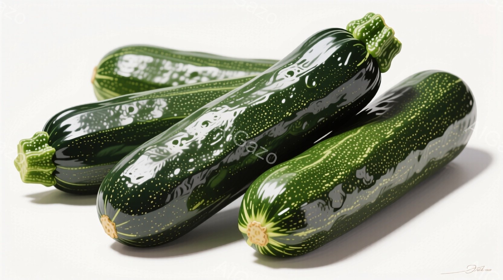 3本のズッキーニが白い背景に置かれています。それらは鮮やかな緑色で、表面に濃い緑色の斑点模様があり、光沢があり新鮮に見えます。影がわずかにあり、ズッキーニが互いに少し重なり合っている様子がわかります。