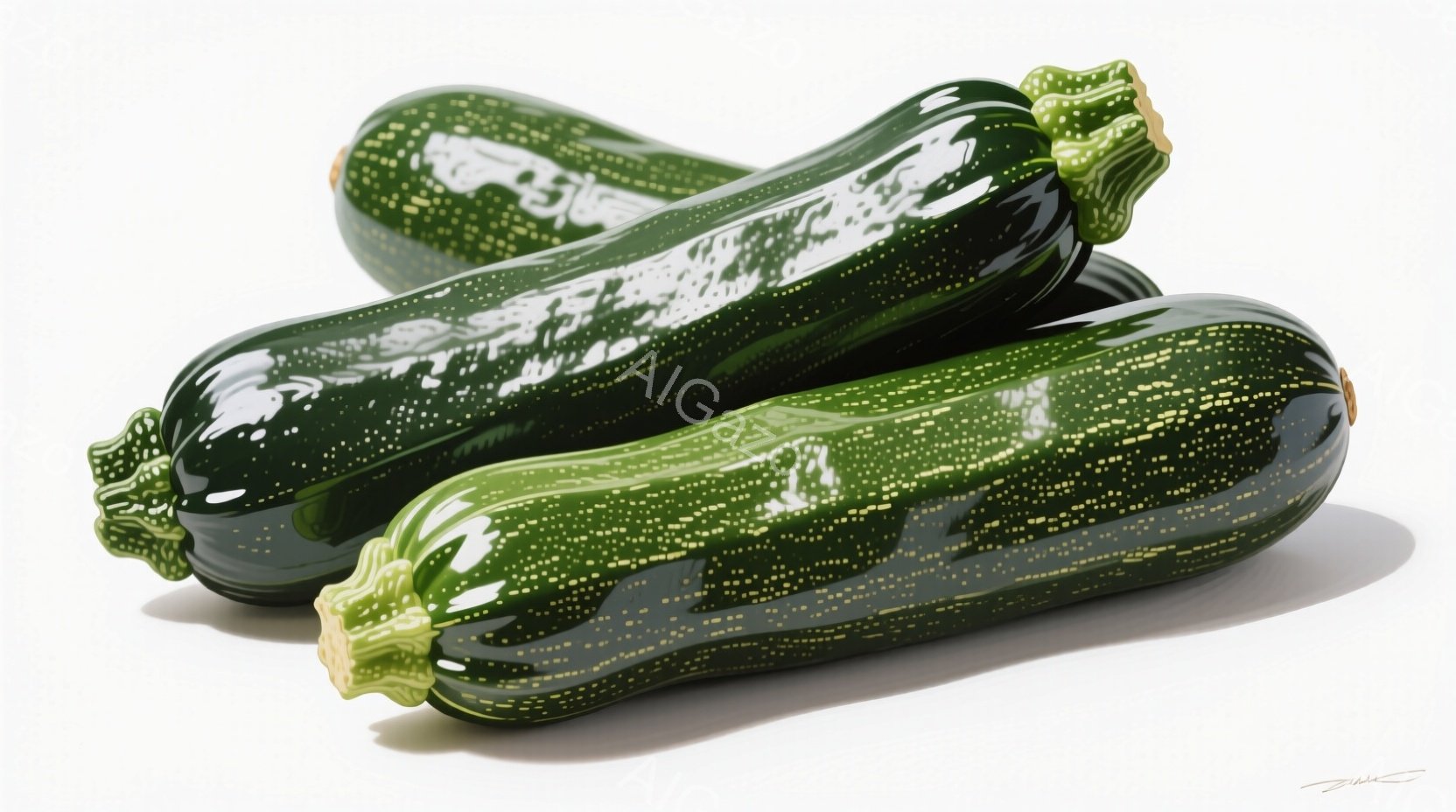 3つのズッキーニが白背景に配置されています。それぞれのズッキーニは濃い緑色で、表面に細かい斑点模様があり、光沢があります。影がわずかにあり、立体感が強調されています。