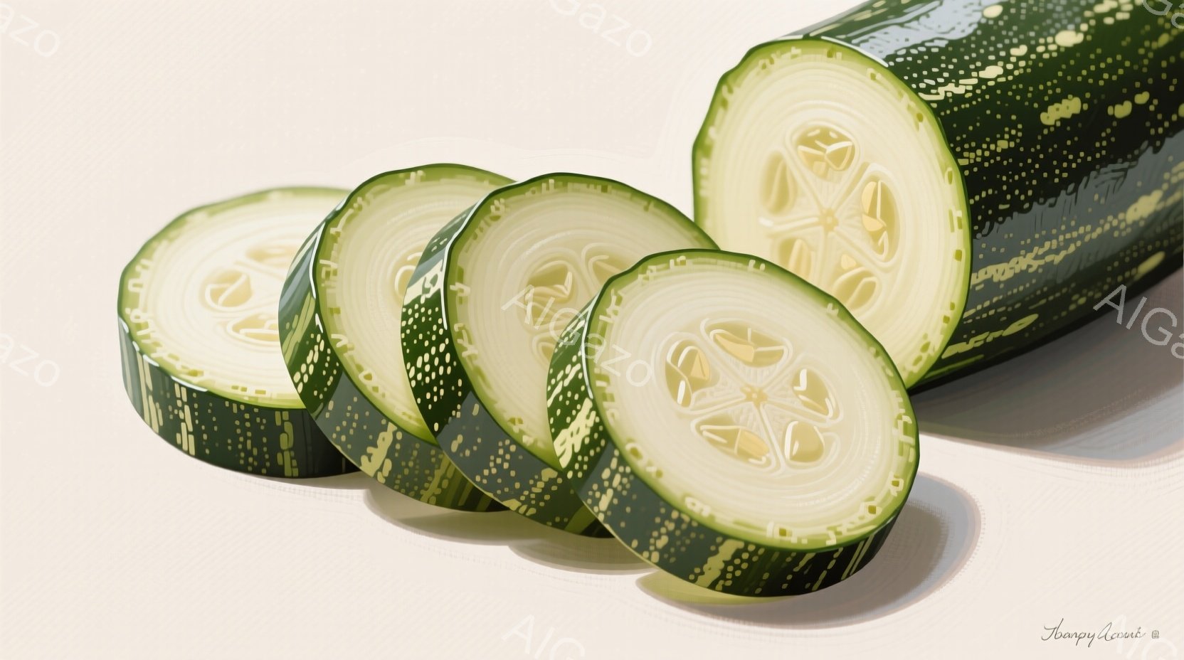 鮮やかな緑色のキュウリが、薄切りにカットされ、右から左へと並べられています。キュウリの断面からは種が覗き、瑞々しさを感じさせます。明るいクリーム色の背景が、キュウリの緑色をさらに引き立てています。 - AI生成フリー素材