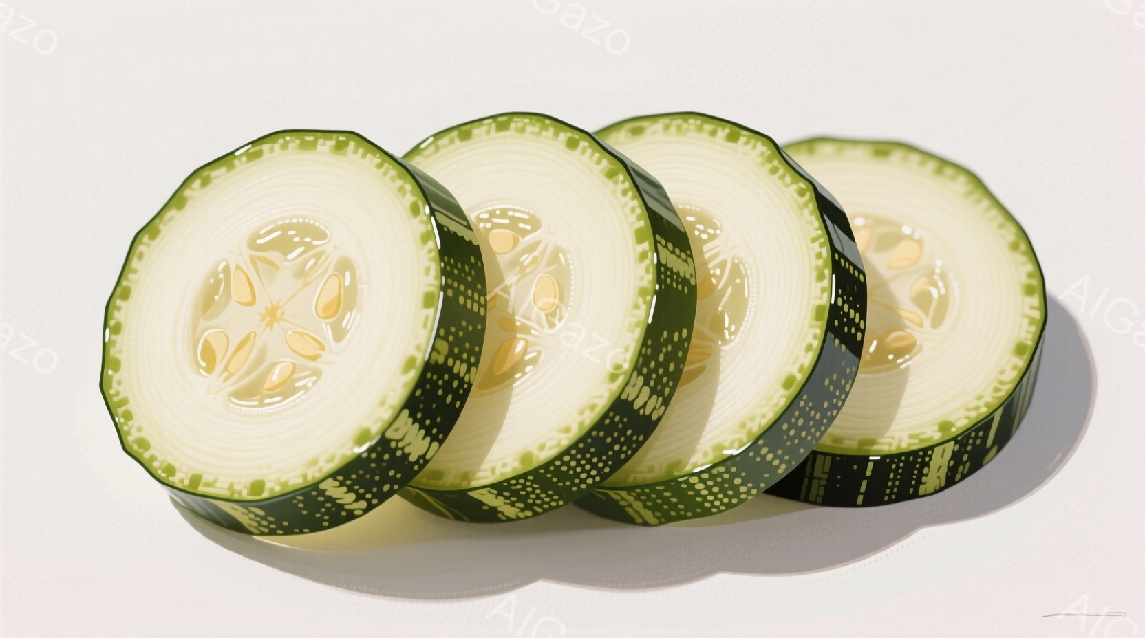 薄切りにしたキュウリが四枚、白い背景の上に並べられています。キュウリの断面は、種が星のように中央に集まっており、果肉は淡い緑色で、皮は濃い緑色で点在しています。全体的に清潔感があり、新鮮な食材を強調したシンプルな構成です。