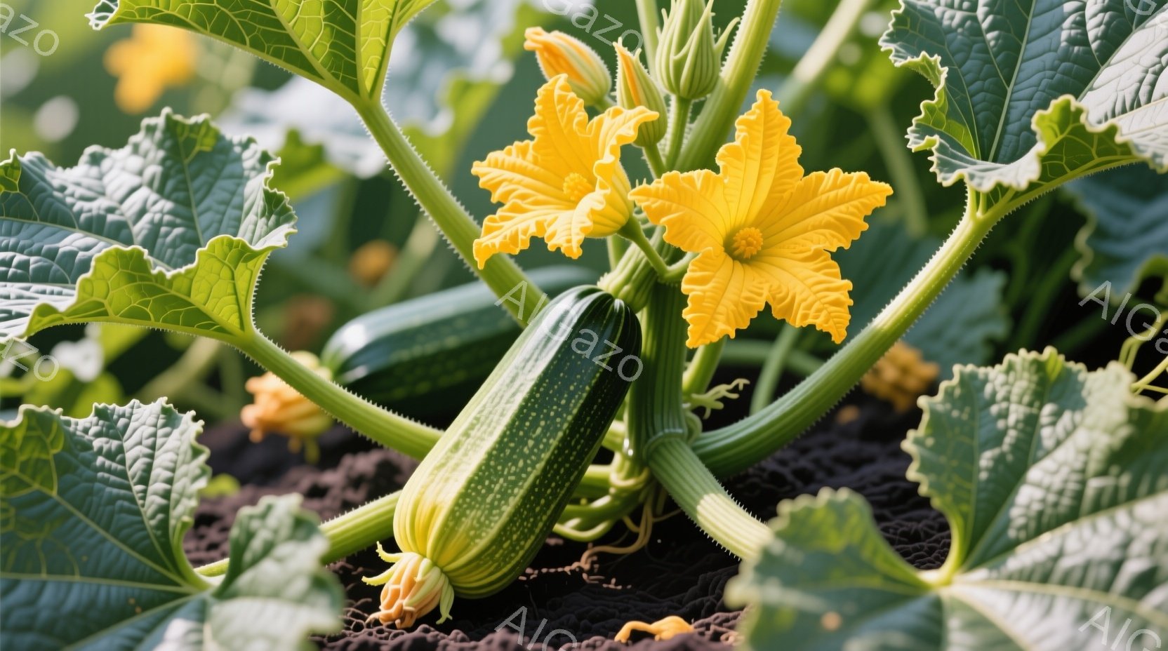 鮮やかな緑の葉と、その中に咲く明るい黄色のズッキーニの花が印象的な写真です。小さく緑色のズッキーニの実が葉の間から覗き、成長の過程が伺えます。黒いマルチングシートが背景にあり、植物が健康的に育っている様子がわかります。