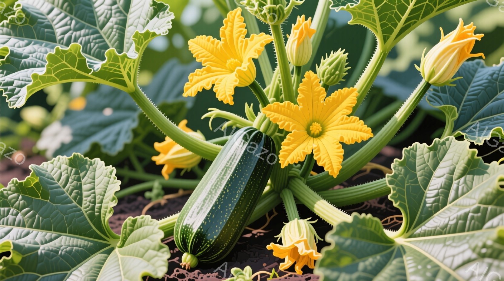 鮮やかな緑色の葉と、明るい黄色のズッキーニの花と実が写っているクローズアップ写真です。土壌は茶色で、背景は少しぼやけており、植物が中心にフォーカスされています。全体的に、生命力にあふれ、自然の恵みを感じさせる、穏やかな雰囲気の写真です。