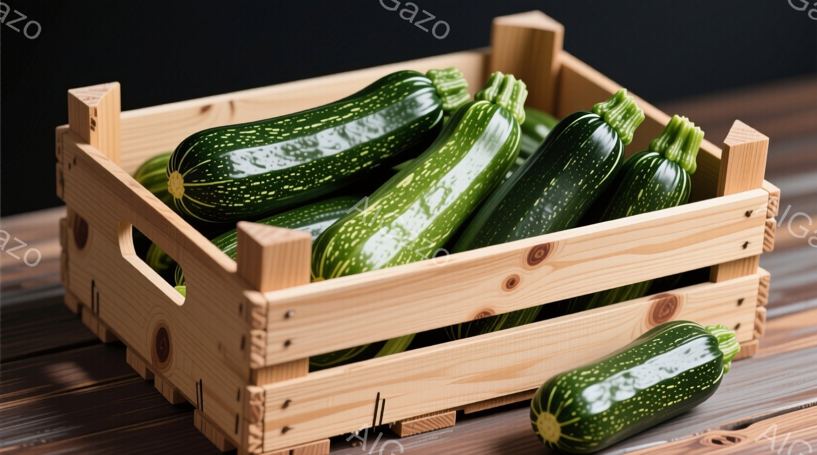 木の箱の中に、緑色のズッキーニがぎっしりと詰まっています。箱は明るい木の色をしており、ズッキーニの鮮やかな緑色とコントラストをなしています。背景は暗い木目で、全体的に素朴で自然な雰囲気を醸し出しています。