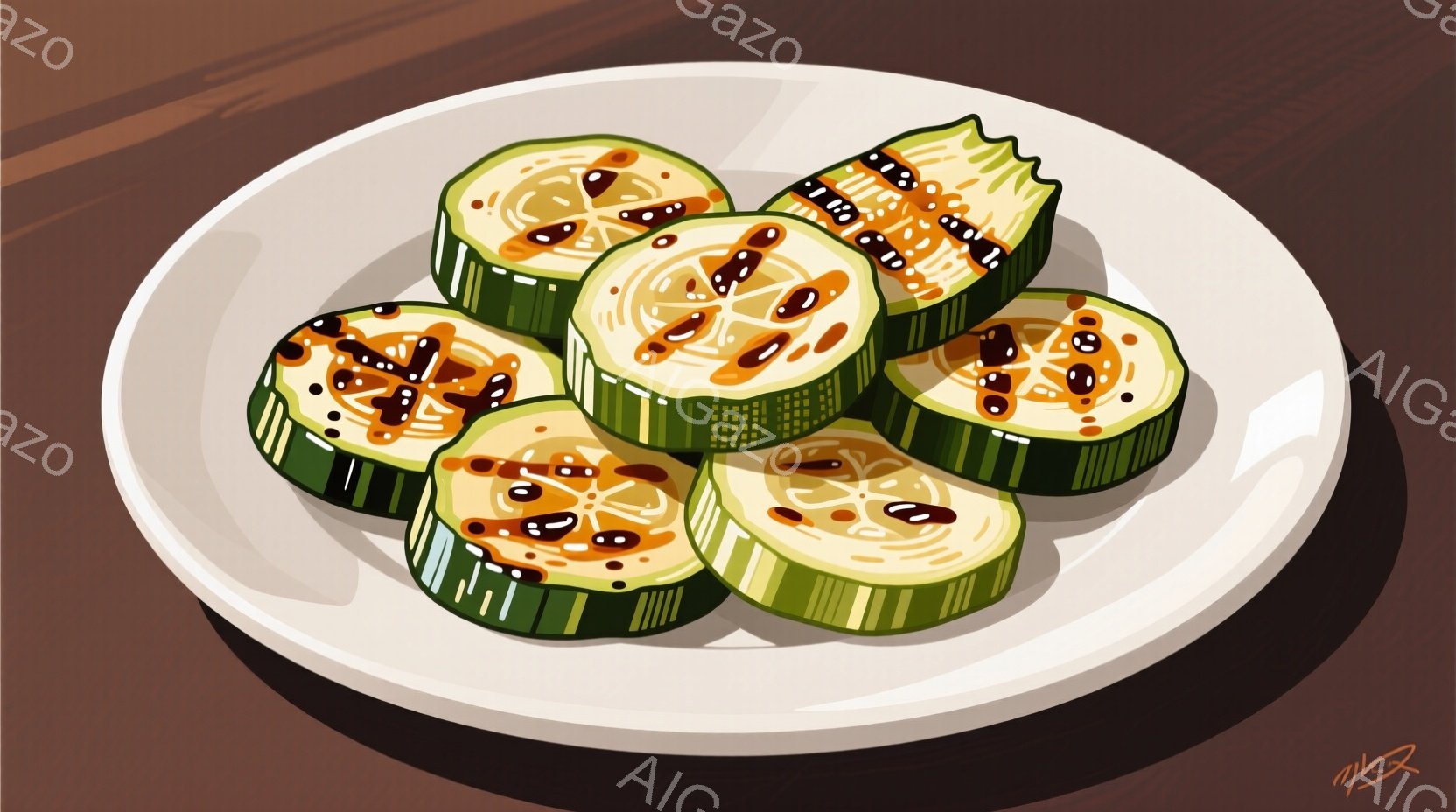 白い皿に、薄切りにしたきゅうりが並べられています。きゅうりは緑色で、表面には濃い茶色のタレのようなものが点々と付いており、美味しさを引き立てています。背景は茶色の木目調で、シンプルながらも食欲をそそる雰囲気を醸し出しています。