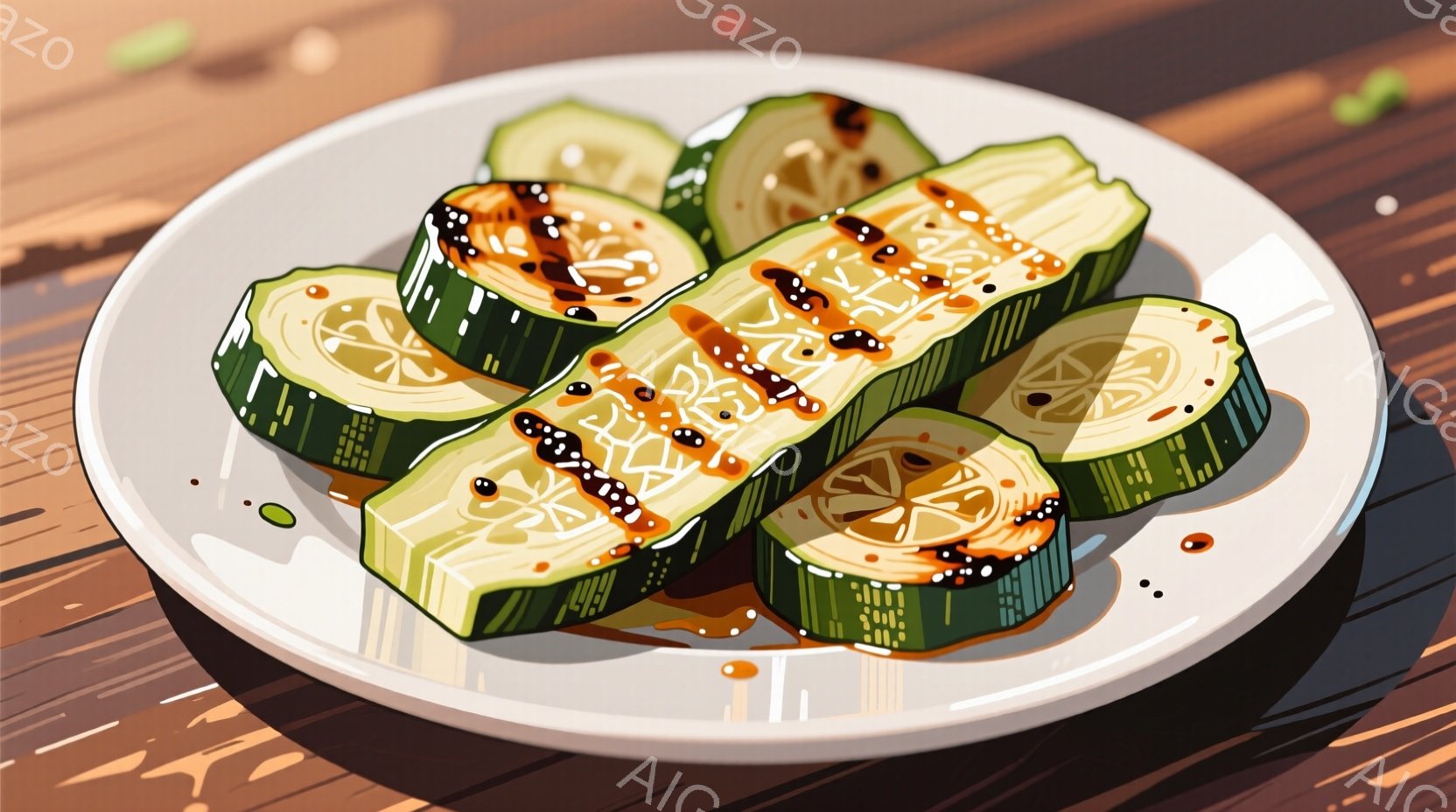 皿に盛られた、薄切りにしたキュウリが美味しそうに並んでいます。キュウリには焦げ目がついており、濃い茶色のソースがかけられています。木目調のテーブルの上に置かれた皿は、和食のシンプルな盛り付けを強調して - AI生成フリー素材