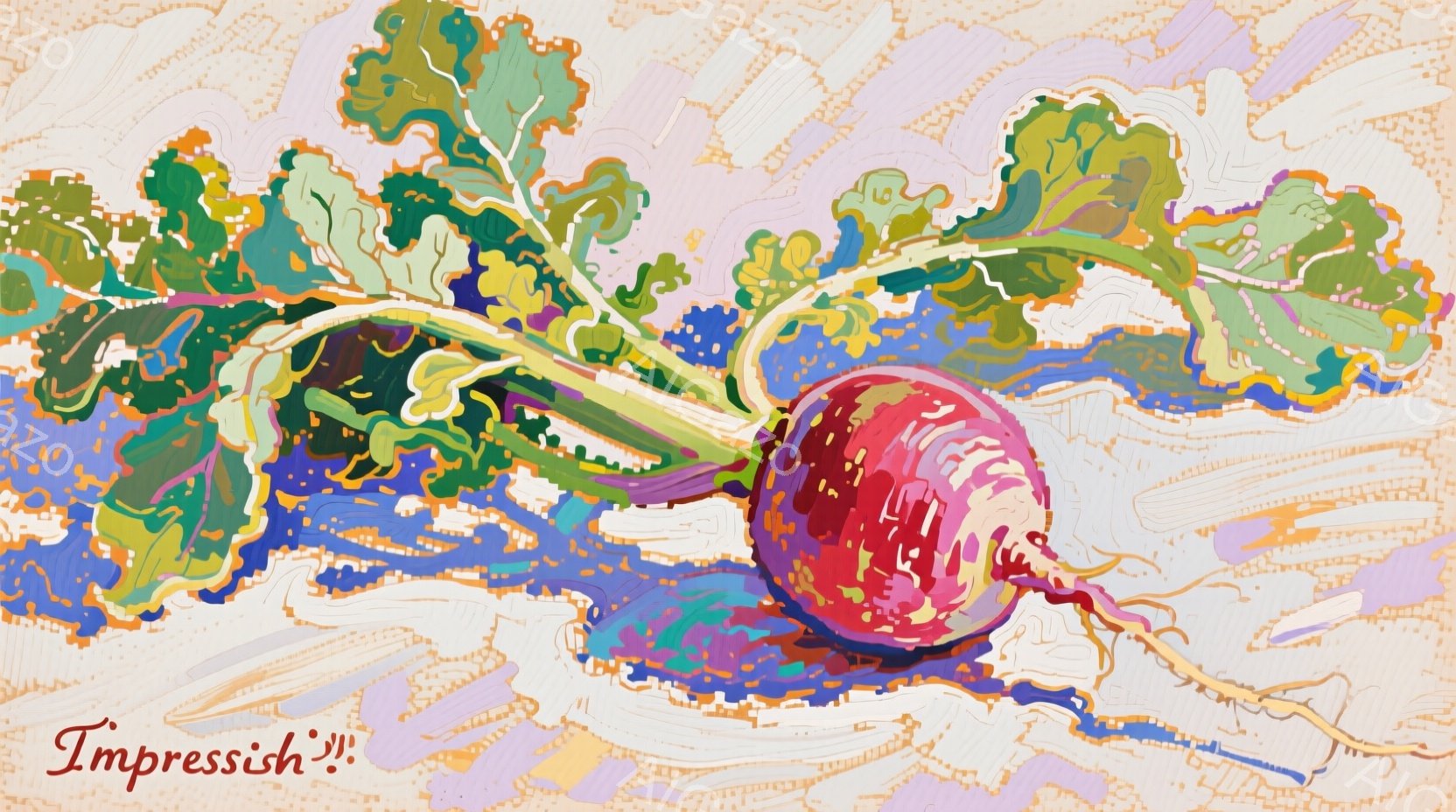 赤い大根が画面中央に大きく描かれており、緑色の葉が豊かに広がっています。背景は淡いピンクとベージュのグラデーションで、抽象的な筆致が光の反射や影を表現しています。全体的に暖かく、色彩豊かな静物画のような雰囲気です。