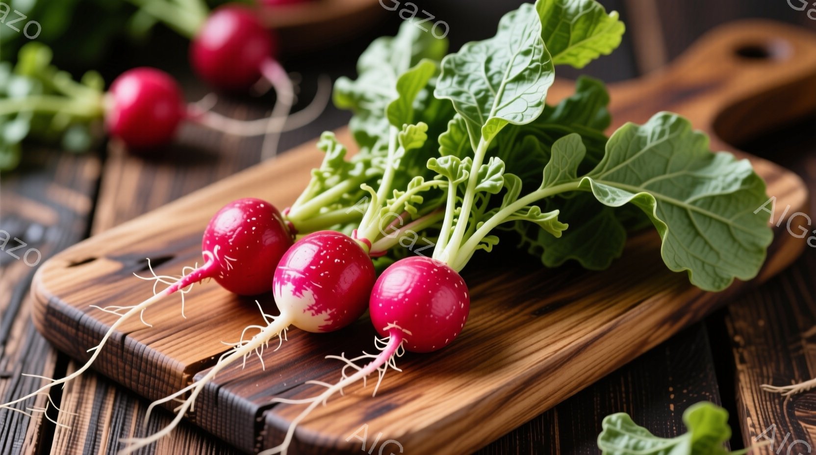 鮮やかな赤色のラディッシュが、木製のプレートの上に置かれています。葉は緑色で瑞々しく、根の部分は白と赤のコントラストが美しいです。背景は木製の板張りで、素朴で温かみのある雰囲気を醸し出しています。 - AI生成フリー素材