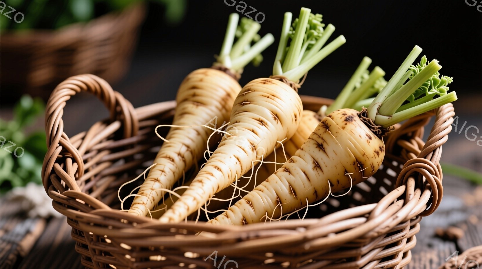 籠の中に数本のパースニップが置かれています。パースニップは土っぽく、根元にはまだ土が付着しており、緑色の葉が茂っています。背景は木製のテーブルで、全体的に素朴でナチュラルな雰囲気です。 - AI生成フリー素材