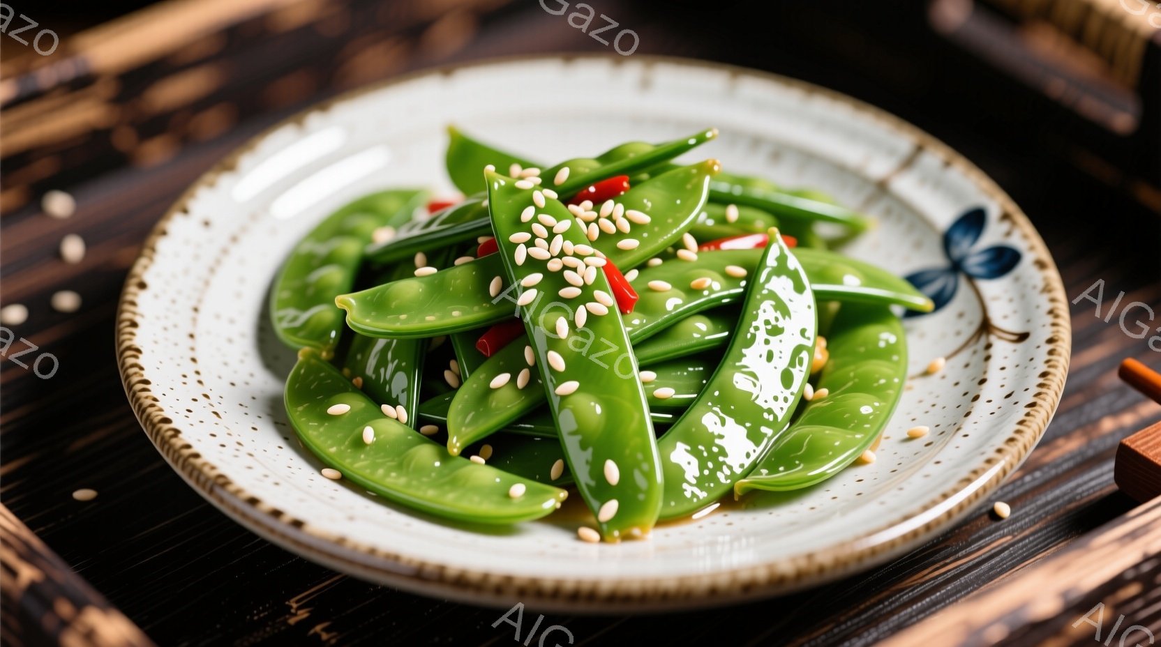 鮮やかな緑色のそら豆が、白地に茶色の斑点模様の皿に盛り付けられています。豆の上には、白ごまの粒と赤い唐辛子の細切りが散らされ、彩りを添えています。背景には、竹製のトレイの一部が見え、和食の雰囲気を醸し - AI生成フリー素材