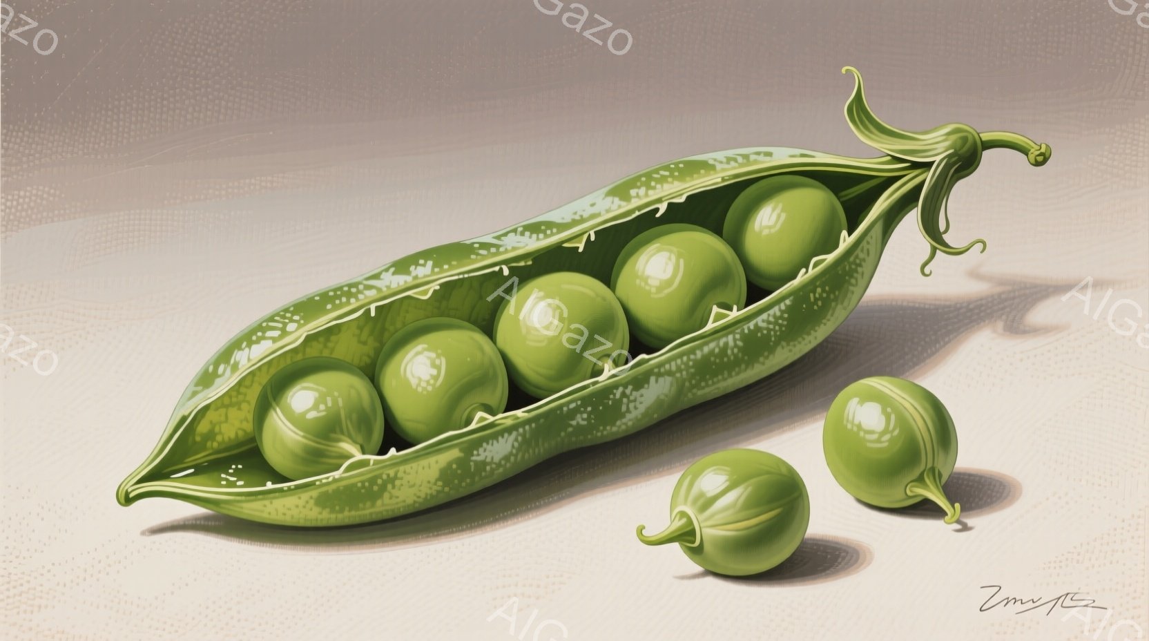 鮮やかな緑色のさやが開き、中に丸い緑色の豆が詰まっています。豆は光沢があり、新鮮で、そのうちの一つはさやからこぼれ落ちています。背景は淡いグレーで、豆とさやが際立っており、全体的に瑞々しい印象を与えま - AI生成フリー素材