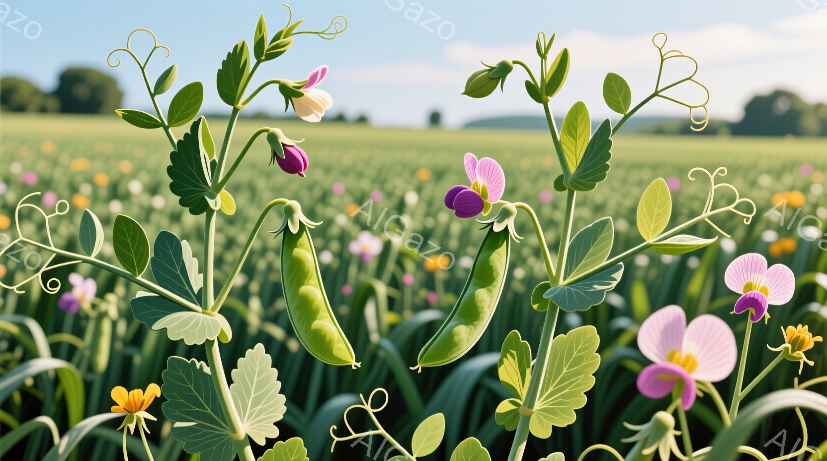 広大な緑の畑に、ピンクと紫色のスミレの花や、緑色のエンドウ豆の莢が咲き乱れている様子が写っている。背景には、遠くに見える木々と起伏のある地形が広がり、空は晴れやかで穏やかな一日を示唆している。全体的に - AI生成フリー素材