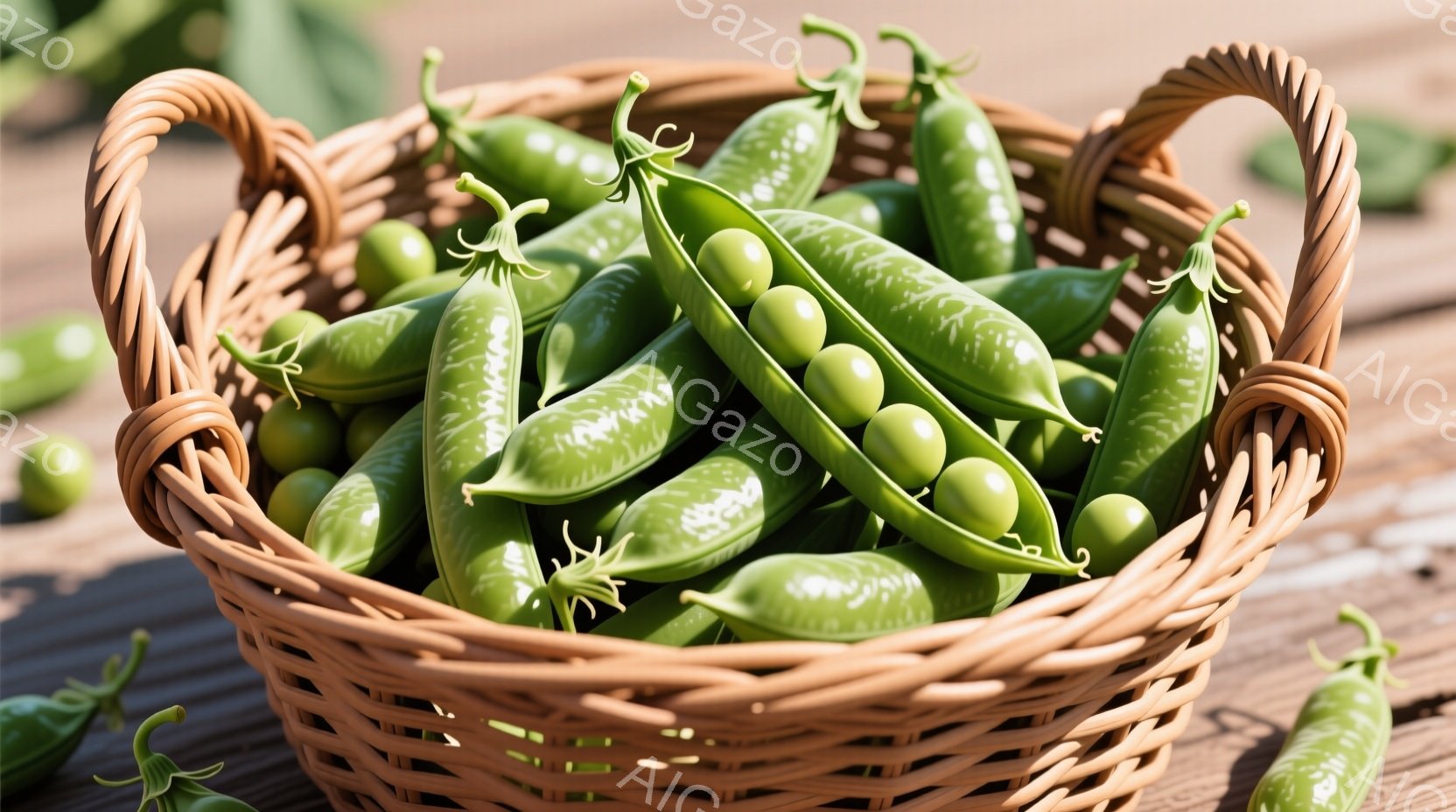 籠の中に新鮮なグリンピースがたっぷり入っており、実がふっくらとして緑色が鮮やかである。木製のテーブルの上に置かれた籠は、素朴で温かみのある雰囲気を醸し出している。背景はぼやけており、グリンピースの鮮や - AI生成フリー素材