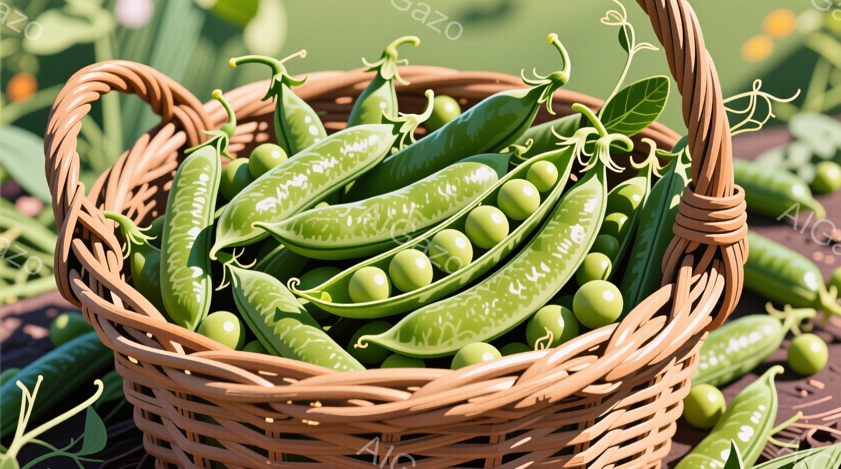 皿の上に、実が詰まった若いエンドウ豆が数本置かれています。豆は鮮やかな緑色で、皿の茶色い斑点模様とのコントラストが美しいです。背景は木製のテーブルで、自然な暖かさを感じさせる静物画です。 - AI生成フリー素材