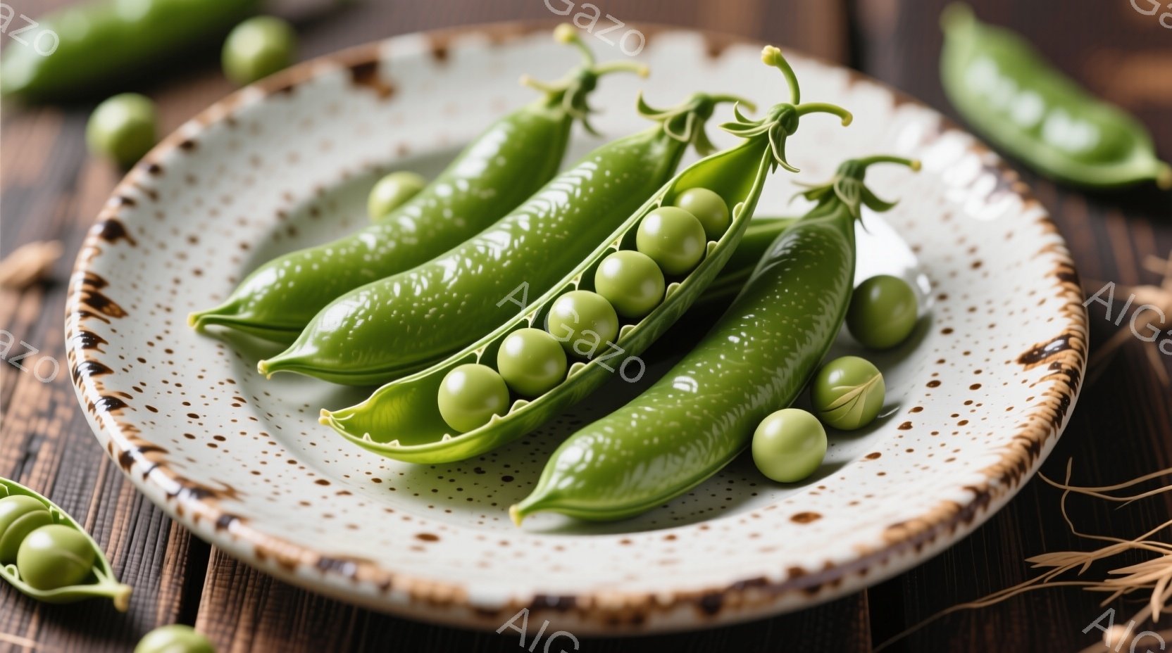 鮮やかな緑色のさや豆が、茶色と白の斑点模様の皿に数個並べられています。豆は開いており、丸い緑色の豆が中から覗いています。背景は木製のテーブルで、いくつかの豆が散らばっており、全体的に自然で新鮮な印象を - AI生成フリー素材