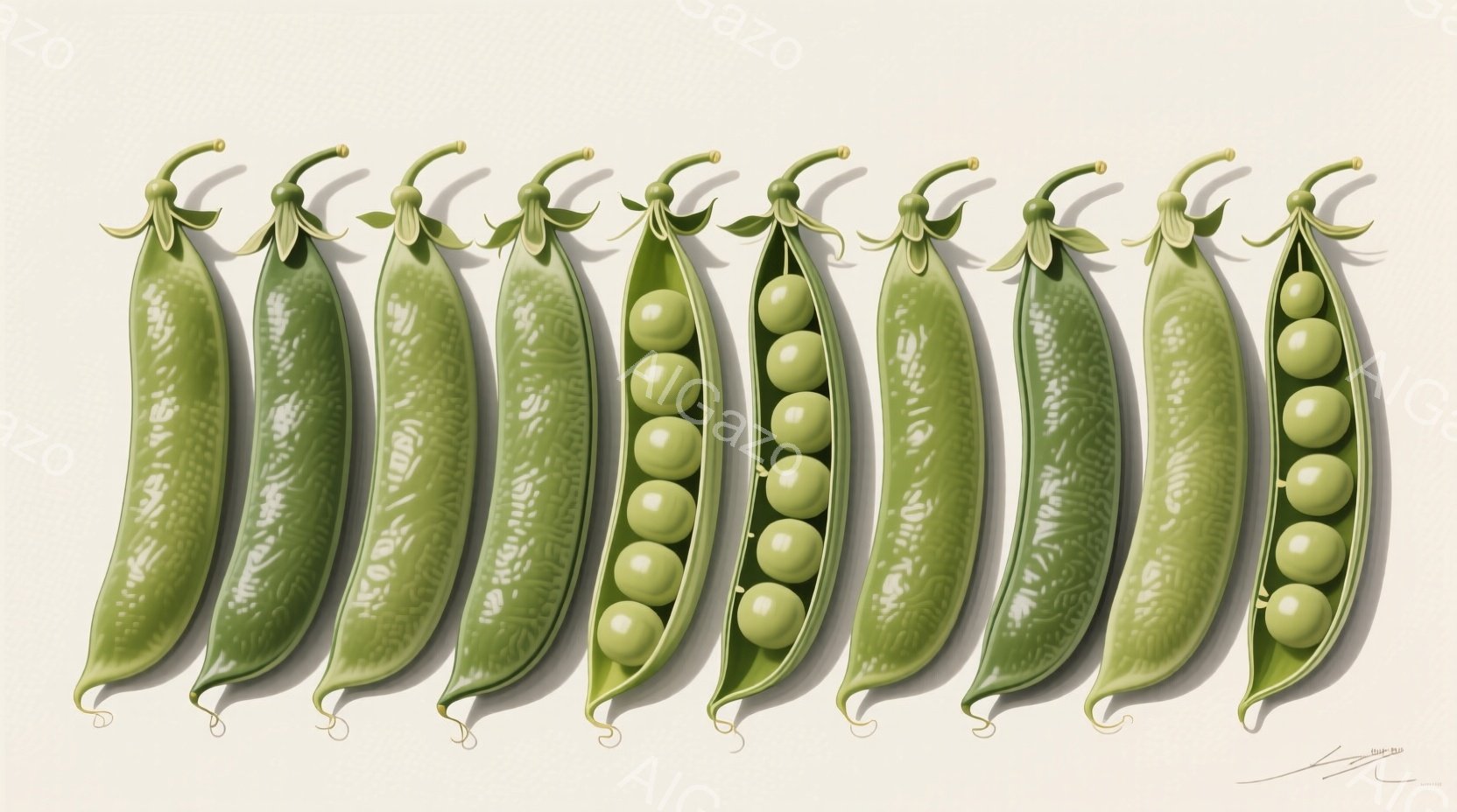 一列に並んだ豆の莢が描かれています。各莢は段階的に開き、内部の丸い緑色の豆が徐々に露出しています。背景は淡いベージュ色で、豆莢の鮮やかな緑色が際立っています。 - AI生成フリー素材
