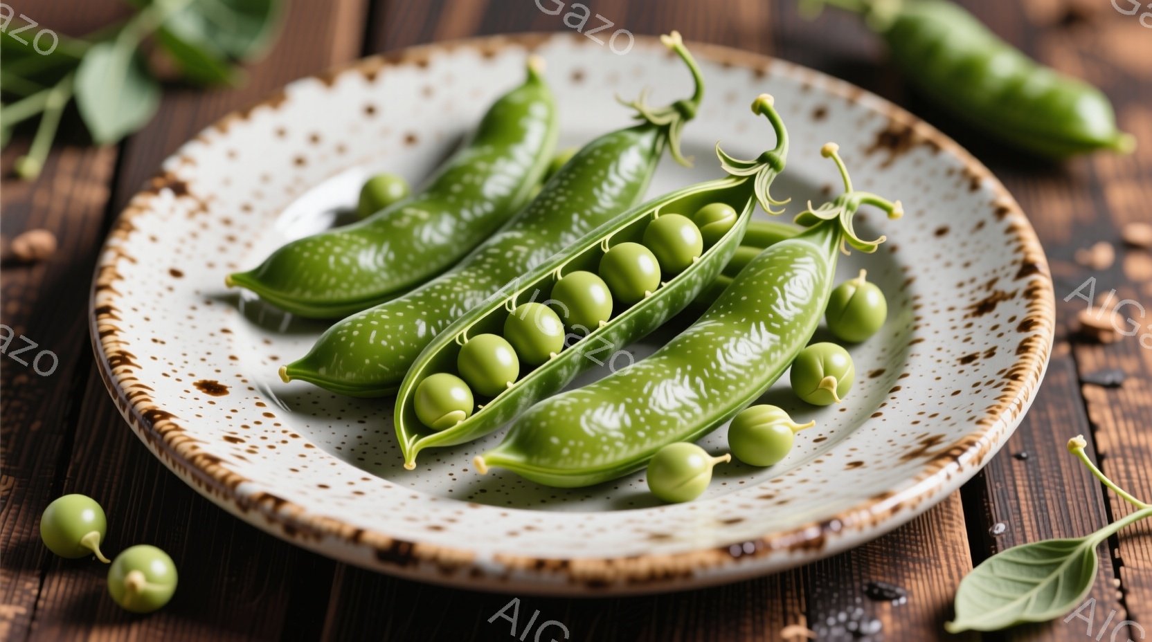 皿の上に、莢から飛び出した緑色の丸い豆がいくつか散らばっている様子が描かれています。皿は茶色と白のまだら模様で、木製のテーブルの上に置かれています。全体的に、新鮮で自然な雰囲気で、豆の瑞々しさが強調さ - AI生成フリー素材