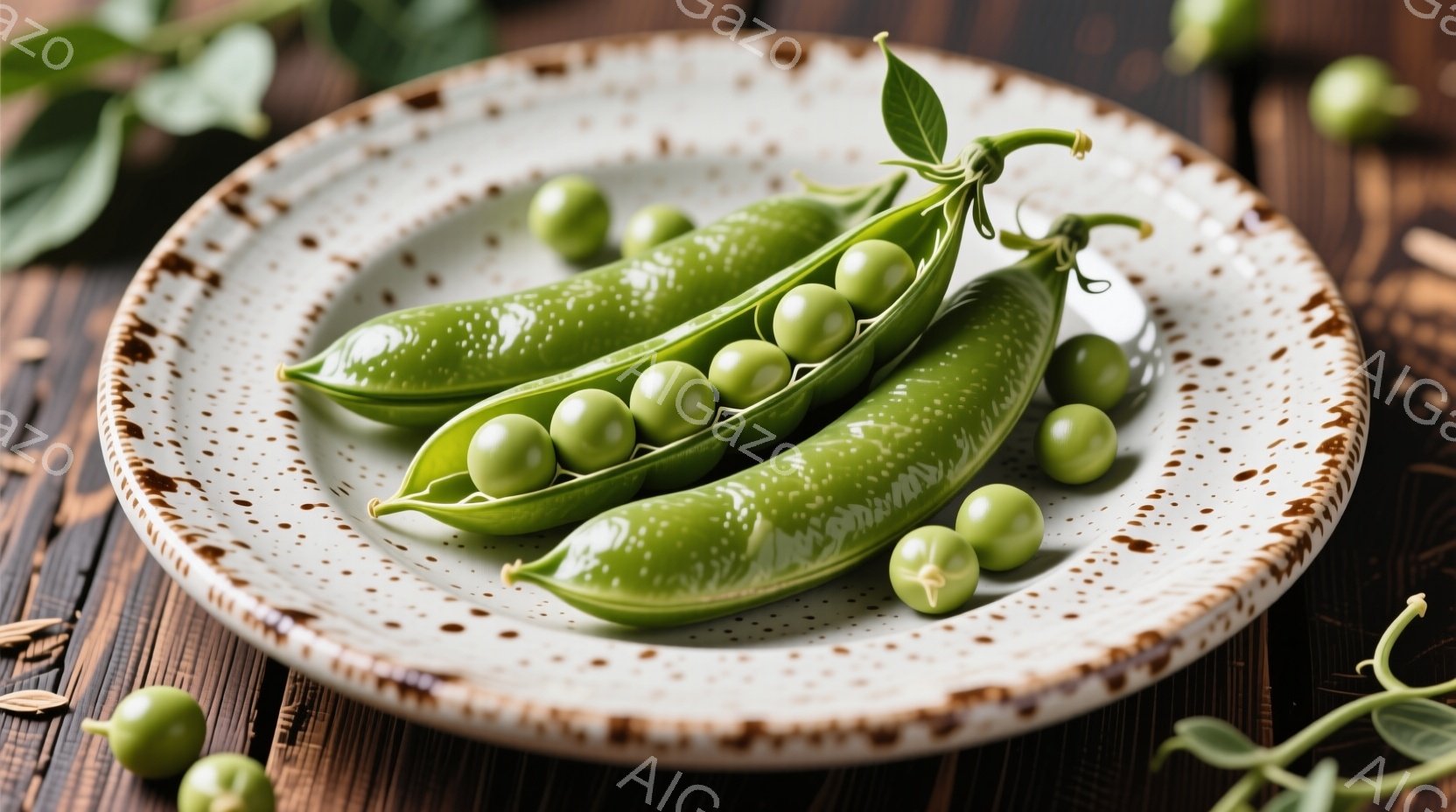 浅いクリーム色の縁取りのある白っぽい陶器の皿の上に、実った青いエンドウ豆が2本置かれています。豆の一部は割れており、中から丸い緑色の豆が見えています。背景は木製のテーブルで、散らばったエンドウ豆と葉が - AI生成フリー素材