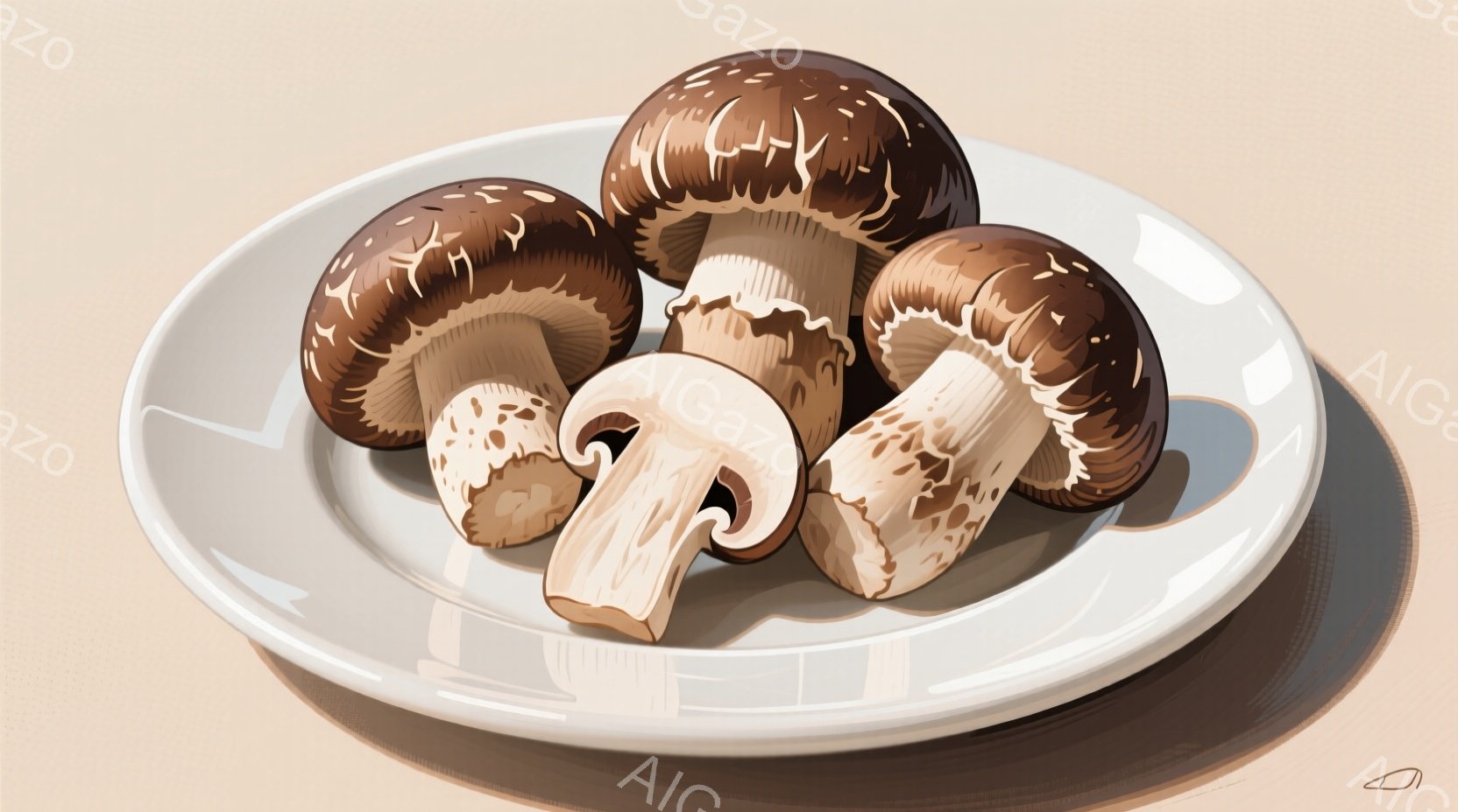 白い皿の上に、数本の舞茸が置かれています。傘は茶色で、襞（ひだ）が見え、柄（くき）は白く、繊細な模様が描かれています。背景は淡いベージュ色で、影が薄く落とされており、舞茸が引き立っています。