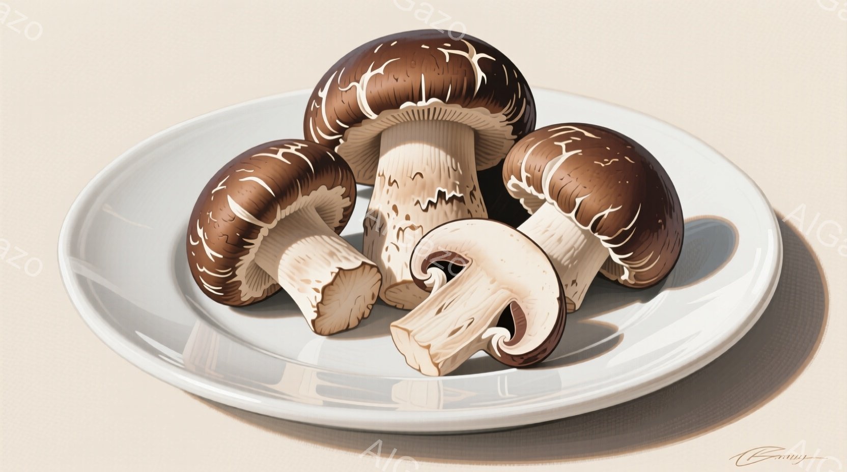 白い皿の上に、数本の舞茸が置かれています。傘は茶色で、ギザギザとした質感があり、茎は白く、少しだけカットされています。影がはっきりと描かれており、立体感が出ています。 - AI生成フリー素材