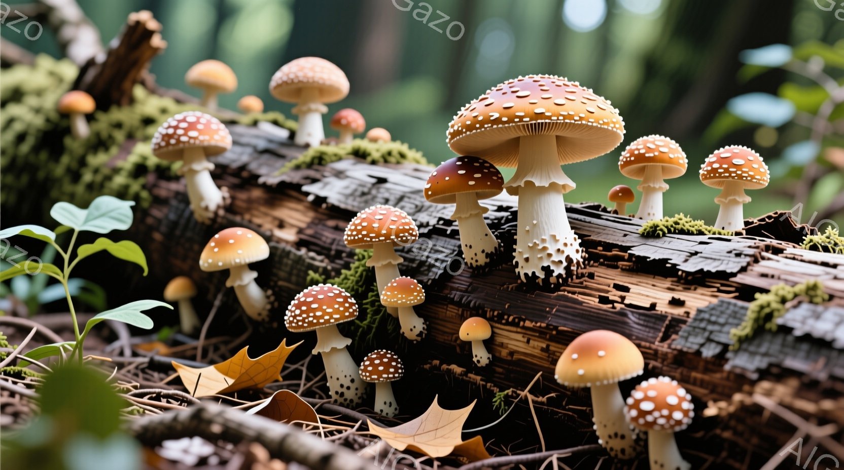 切り株の上に、特徴的な赤い地に白い斑点のあるキノコが密集して生えている様子が描かれています。周囲には落ち葉や緑の植物が見られ、背景はぼやけた森林で、湿った自然の雰囲気が漂っています。キノコの傘は鮮やかで、そのコントラストが目に留まります。