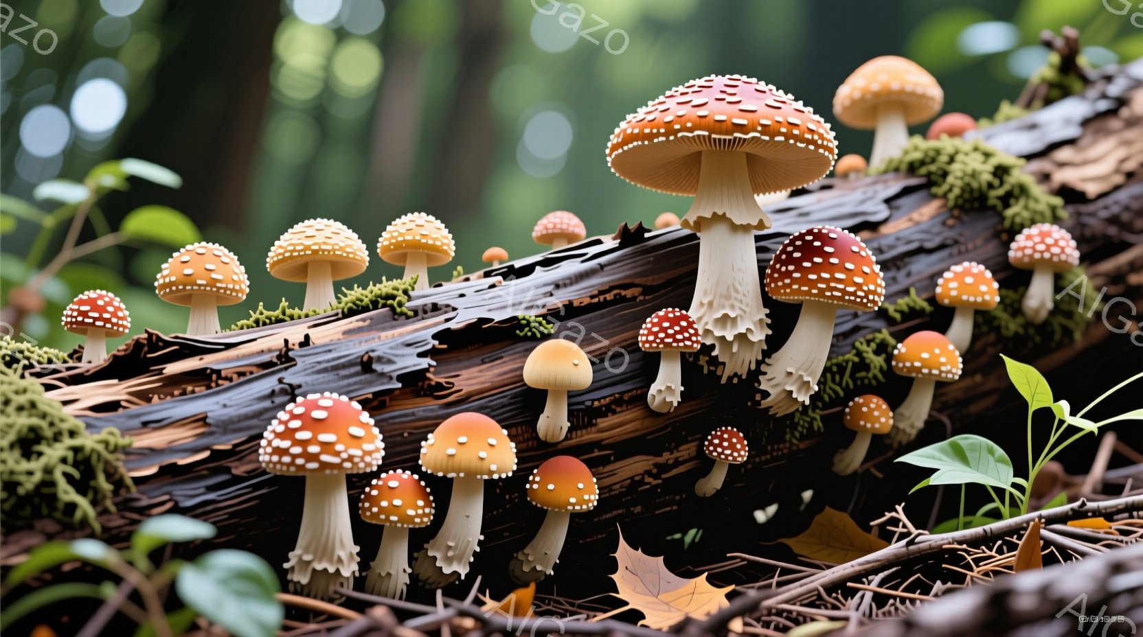 朽ちた木の上に群生する赤い毒キノコが写っている。キノコは白い斑点があり、その柄は白く、緑色の苔が木に生えている。背景はぼやけた緑の森林で、光が差し込み、幻想的で静かな雰囲気を醸し出している。 - AI生成フリー素材