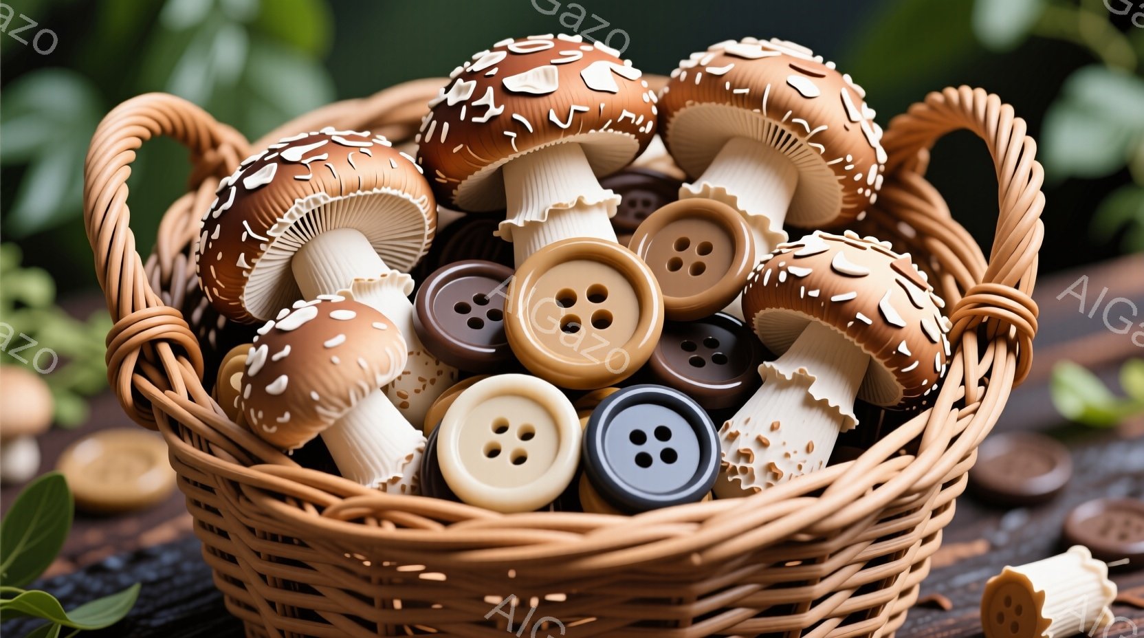 籐で編まれたバスケットの中に、様々な色の、まるでボタンのようなキノコが詰め込まれています。キノコは茶色、白、黒などの色をしており、笠の部分には細かい模様が描かれています。背景は木製のテーブルで、緑の葉がわずかに見え、全体的に暖かく、遊び心のある雰囲気が漂っています。