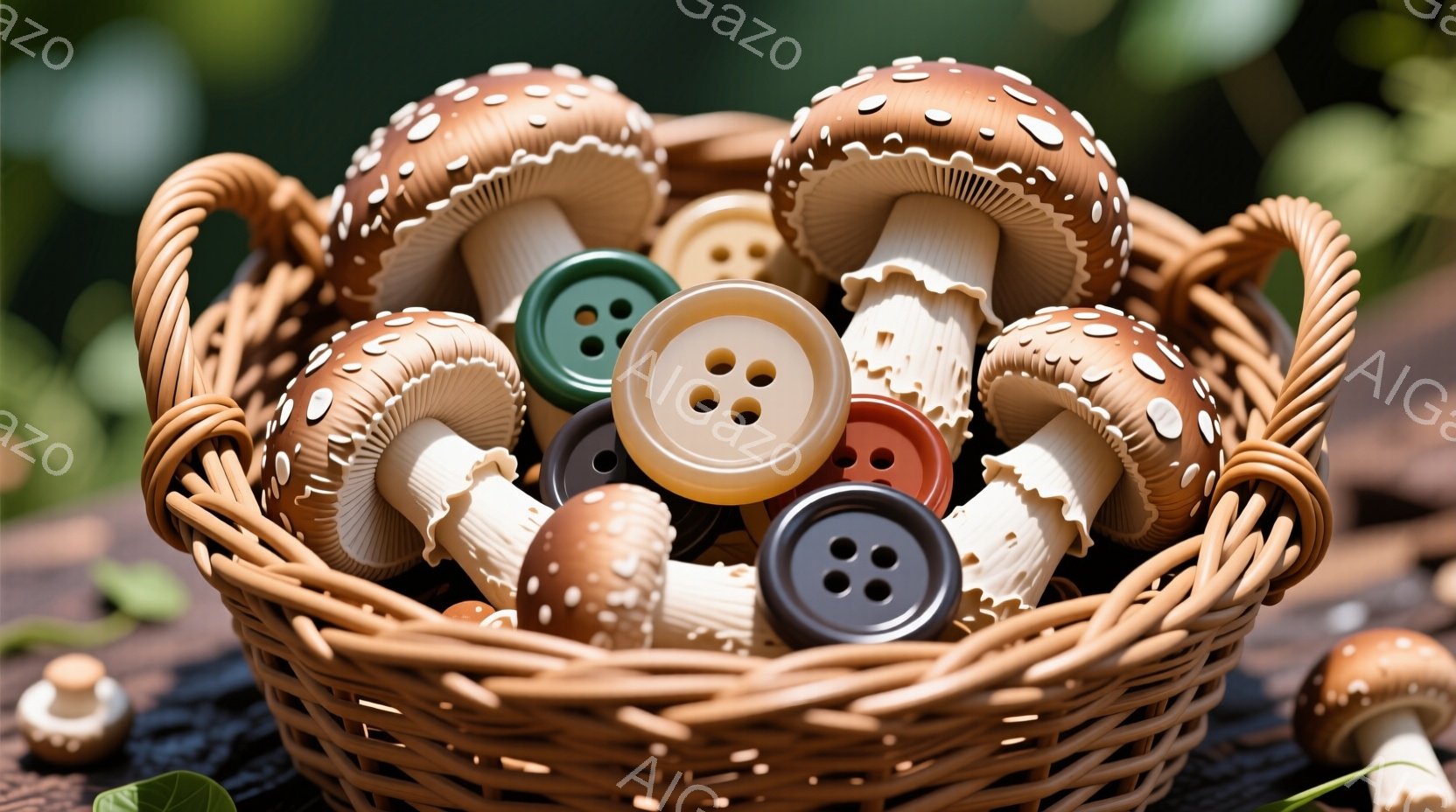 籠の中に、さまざまな色のボタンとキノコが混ざり合って入っている。ボタンは白、茶色、黒、オレンジ、緑色などがあり、キノコは茶色地に白い斑点模様のものがほとんどで、全体的に暖かく、遊び心のある雰囲気を醸し - AI生成フリー素材
