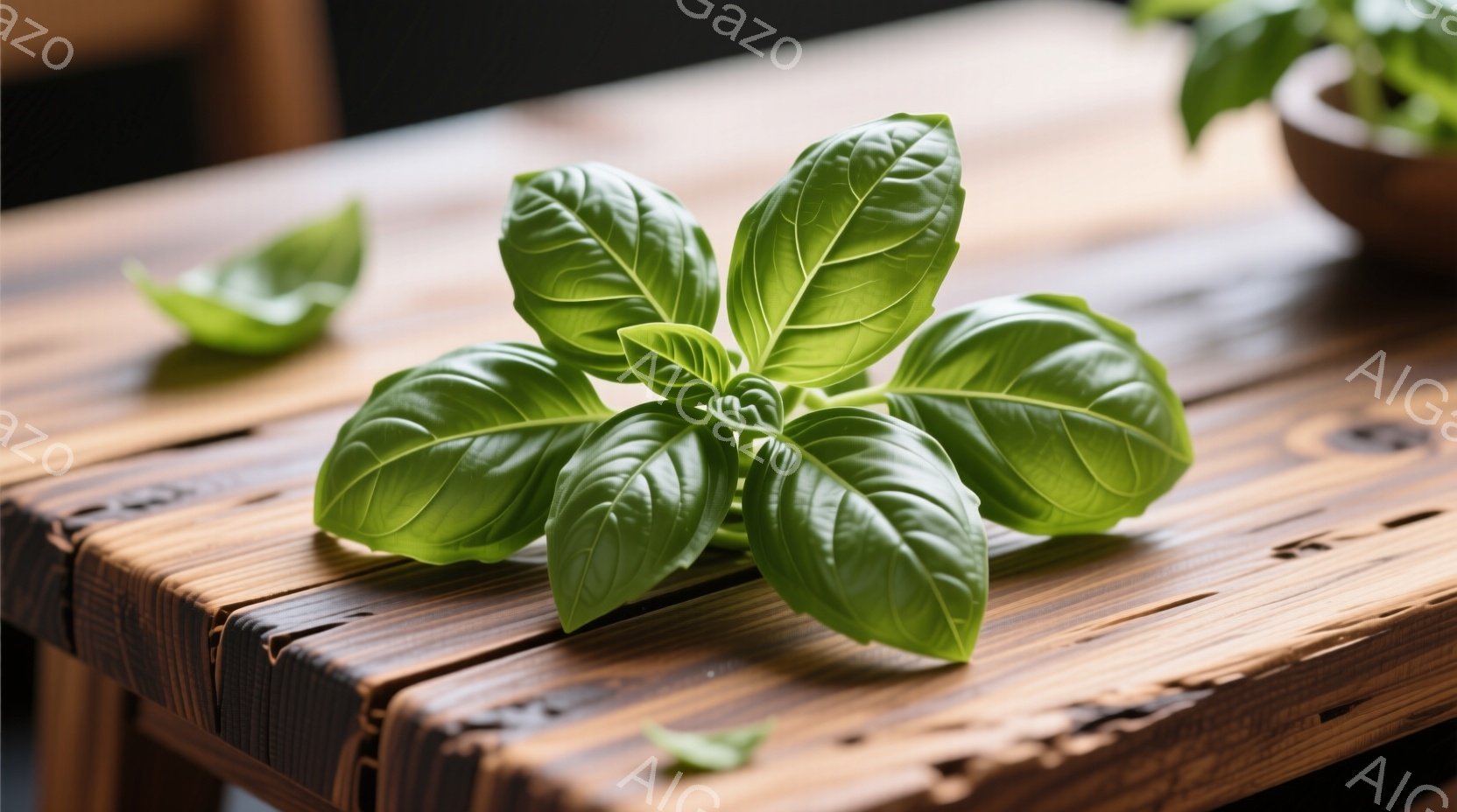 鮮やかな緑色のバジルが、木製の板の上に置かれています。葉脈がはっきりと見え、瑞々しさが感じられます。背景はぼやけており、バジルが際立っています。