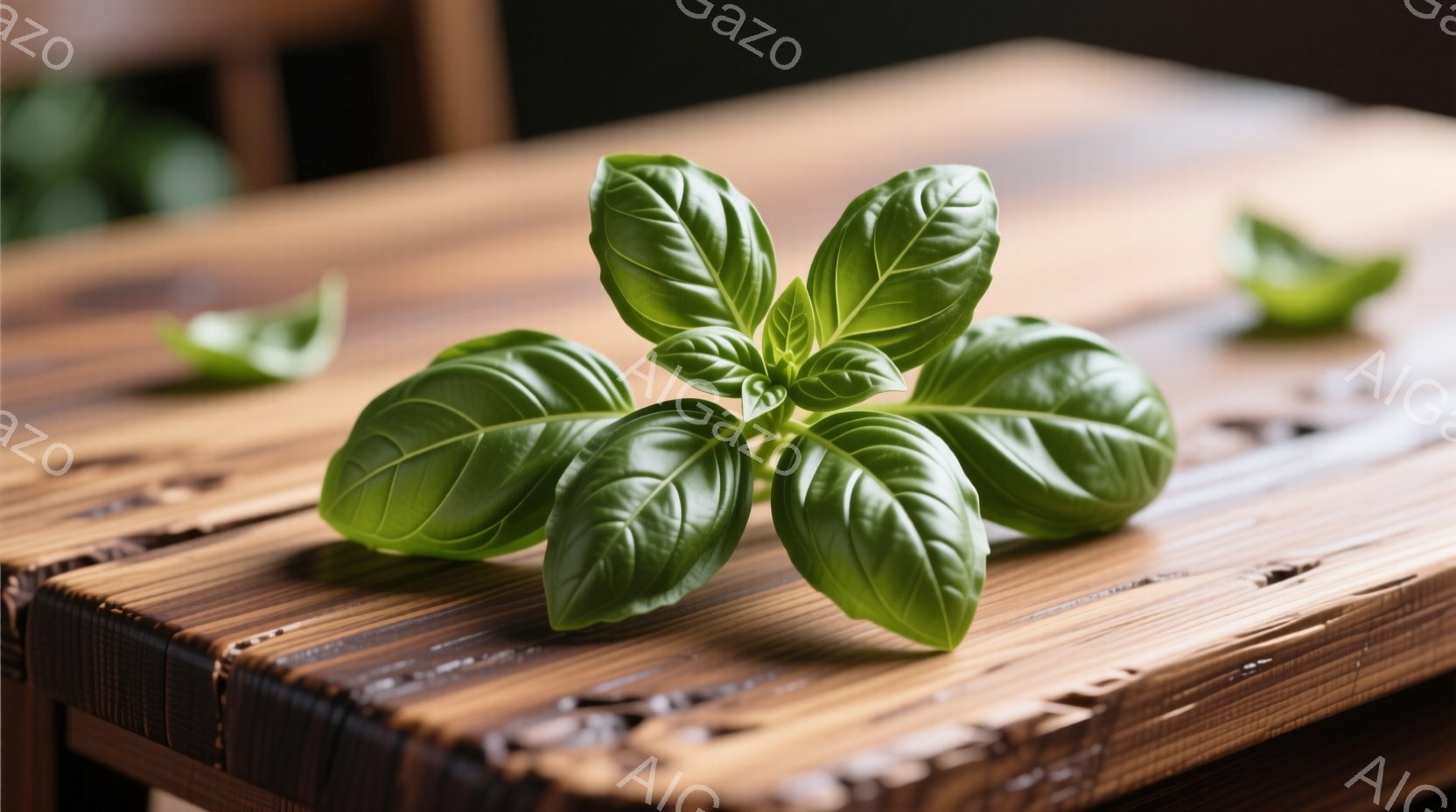 鮮やかな緑色のバジルが、木製の板の上に置かれています。葉は瑞々しく、光沢があり、表面にわずかな脈が確認できます。背景はぼかされており、木目の粗さとバジルの鮮やかさが際立っています。 - AI生成フリー素材