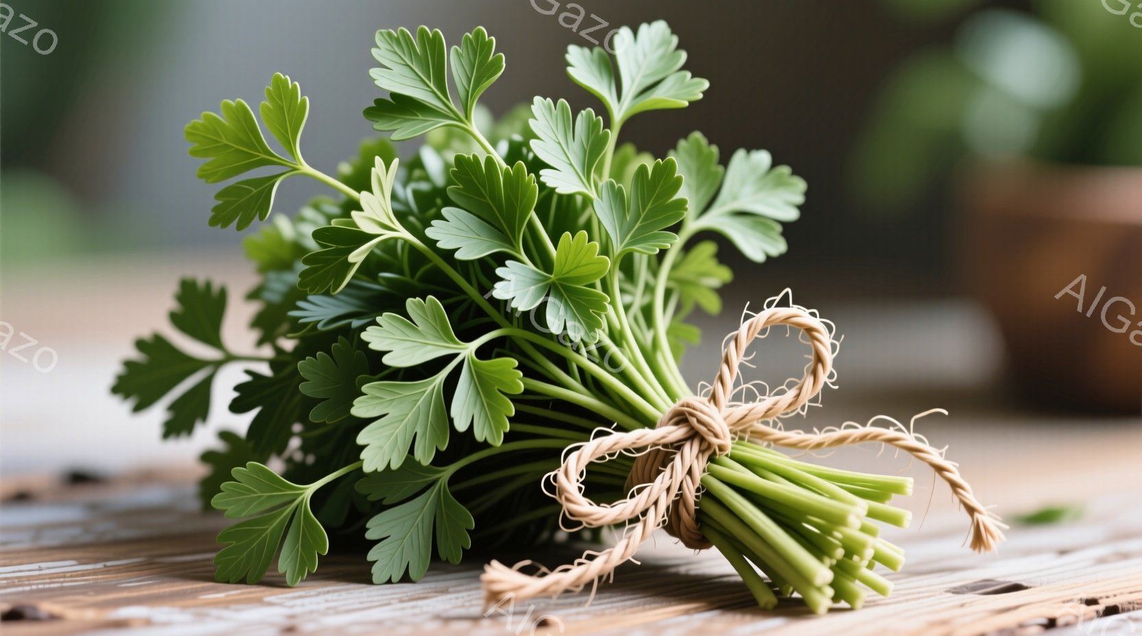 鮮やかな緑色のパセリの束が、粗い麻紐で結ばれて木製のテーブルの上に置かれています。光沢のある葉は密集しており、自然なテクスチャが強調されています。背景はぼやけており、暖かく素朴な雰囲気を感じさせます。