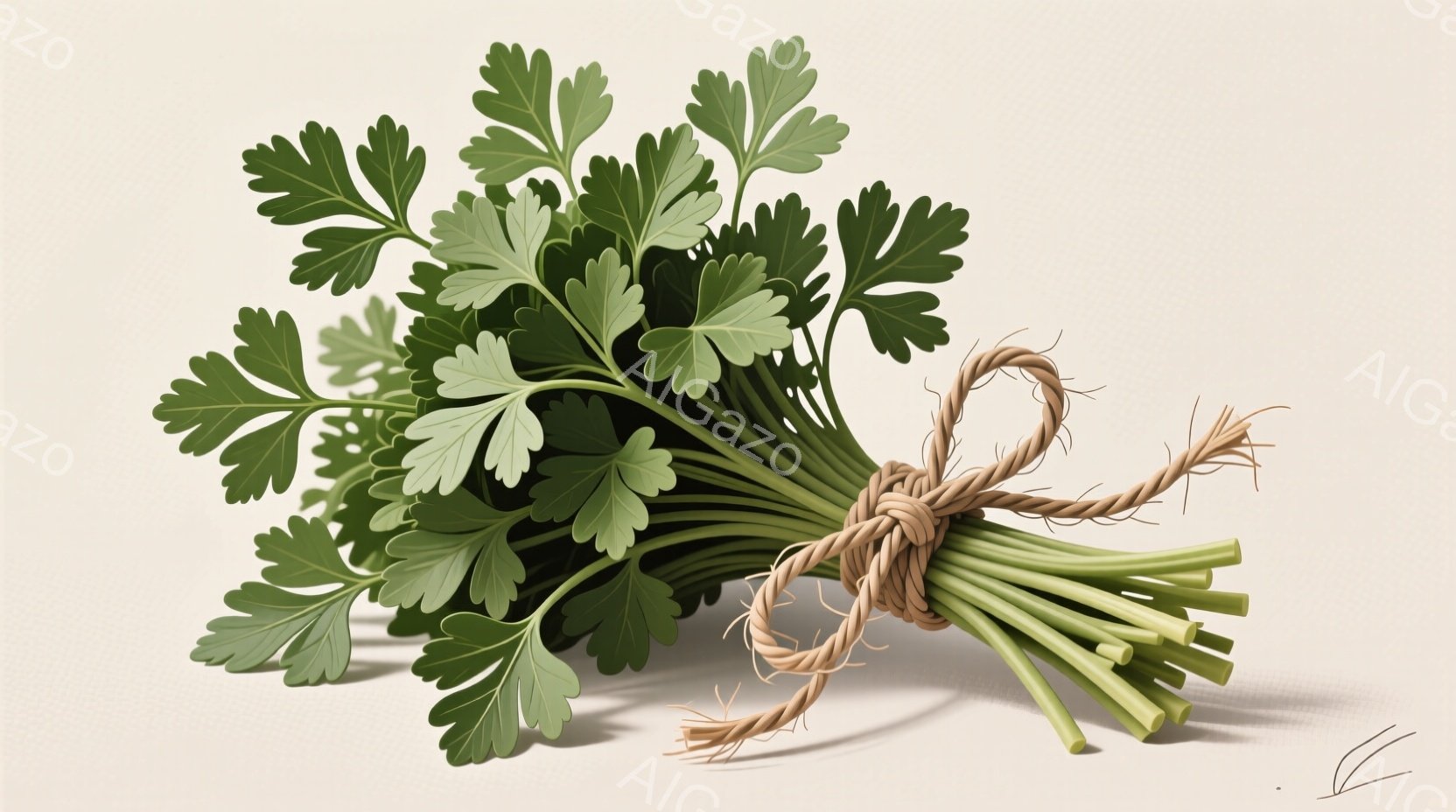パセリの束が淡いベージュ色の背景に置かれています。鮮やかな緑色の葉は密集しており、茎は太く、茶色の麻紐でしっかりと縛られています。全体的にシンプルで、食材の新鮮さと自然な雰囲気が強調された静物画です。