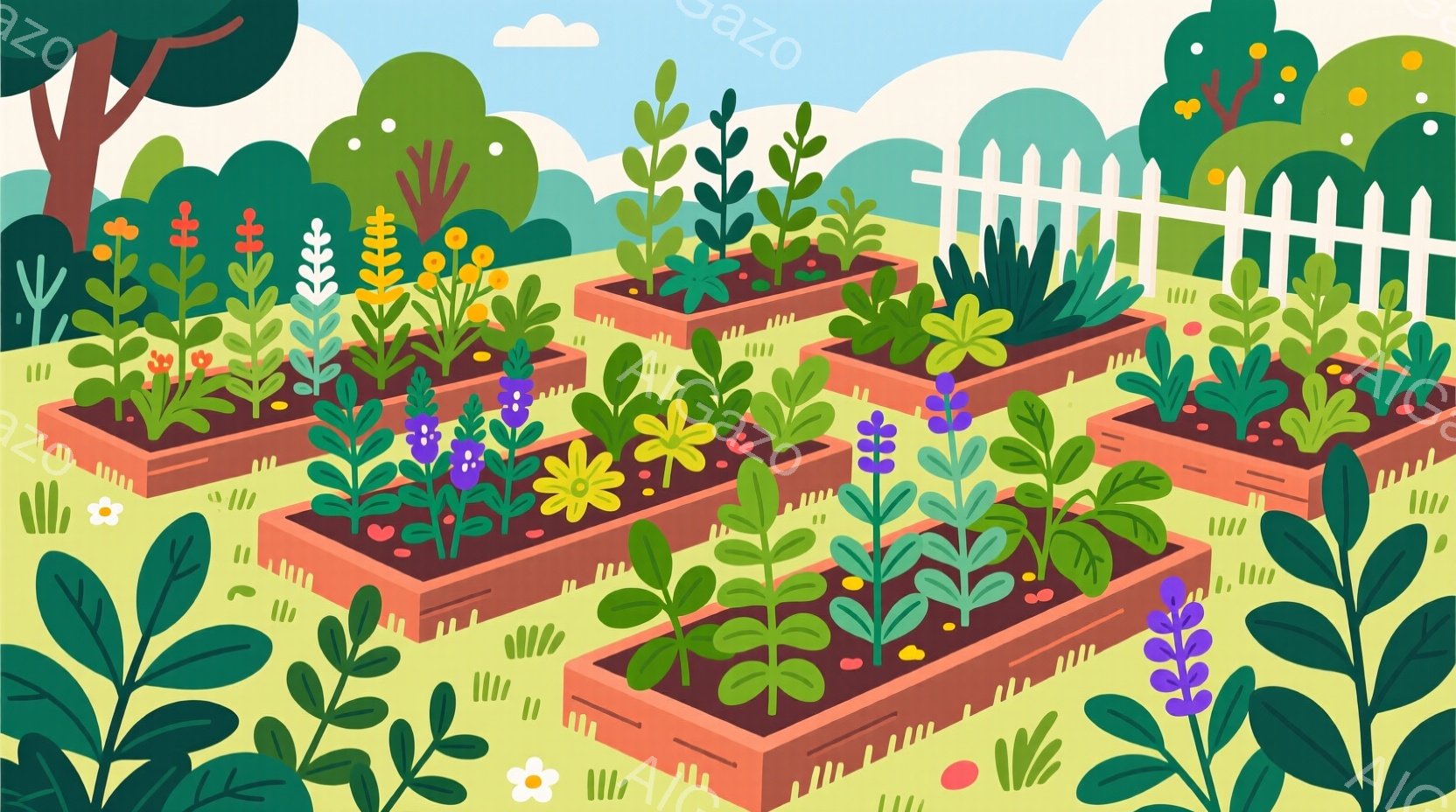 整備された花壇が並び、様々な種類の花が咲き誇っています。背景には白い柵と緑豊かな木々が見え、晴れた空の下、穏やかで平和な雰囲気が漂っています。全体的に鮮やかな色使いで、可愛らしく、優しい印象を与えるイ - AI生成フリー素材