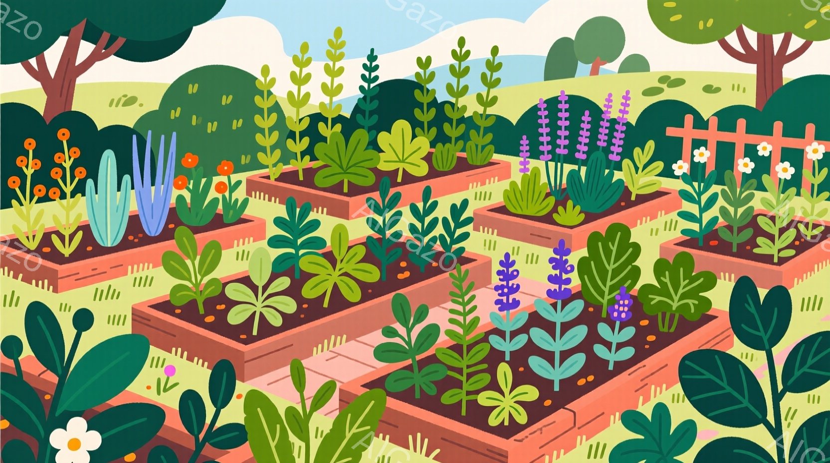 明るいピンク色の花壇が並び、様々な緑色の植物が茂っている様子が描かれている。背景には木々が描かれ、空は明るい色調で、穏やかな春または夏の日の庭園の様子を表現している。全体的に色彩豊かで、心地よく、のどかな雰囲気である。