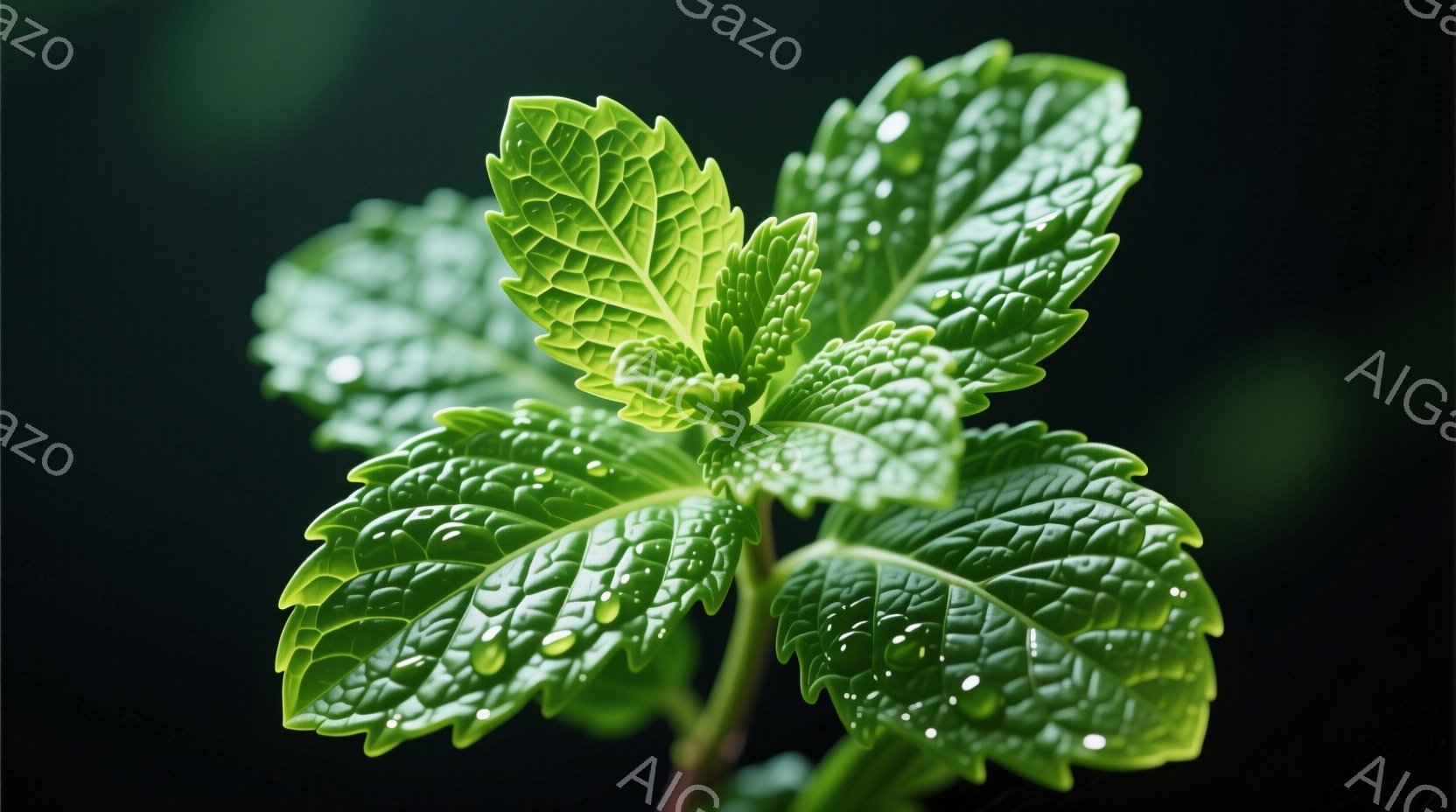 鮮やかな緑色のミントの葉が、雫をまとって画面いっぱいに広がっています。葉脈がはっきりと浮かび上がり、生命力に満ちた様子が伝わってきます。背景は暗く、葉の鮮やかさが際立っています。 - AI生成フリー素材