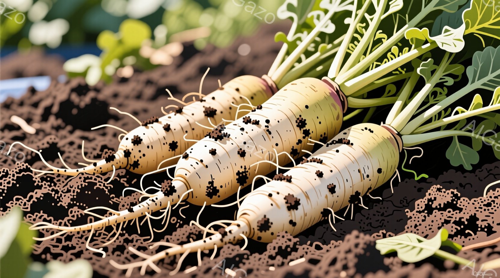 泥だらけの土の上に、数本のダイコンが横たわっている。それぞれのダイコンは、根が伸び、葉が緑色で元気よく生えている様子がわかる。背景は、土とわずかな緑色の植物で覆われており、収穫されたばかりの新鮮な雰囲 - AI生成フリー素材