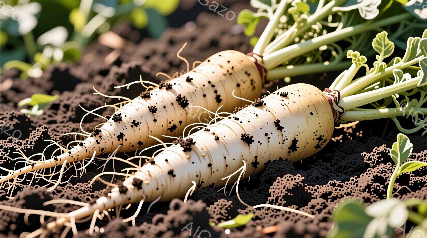 土壌の中に生えた数本のダイコンが写っている。ダイコンは白く、表面には黒い斑点があり、緑色の葉が根元から生えている。背景は茶色の土と、周囲に小さな緑色の植物が見える農地の様子で、自然な雰囲気である。 - AI生成フリー素材