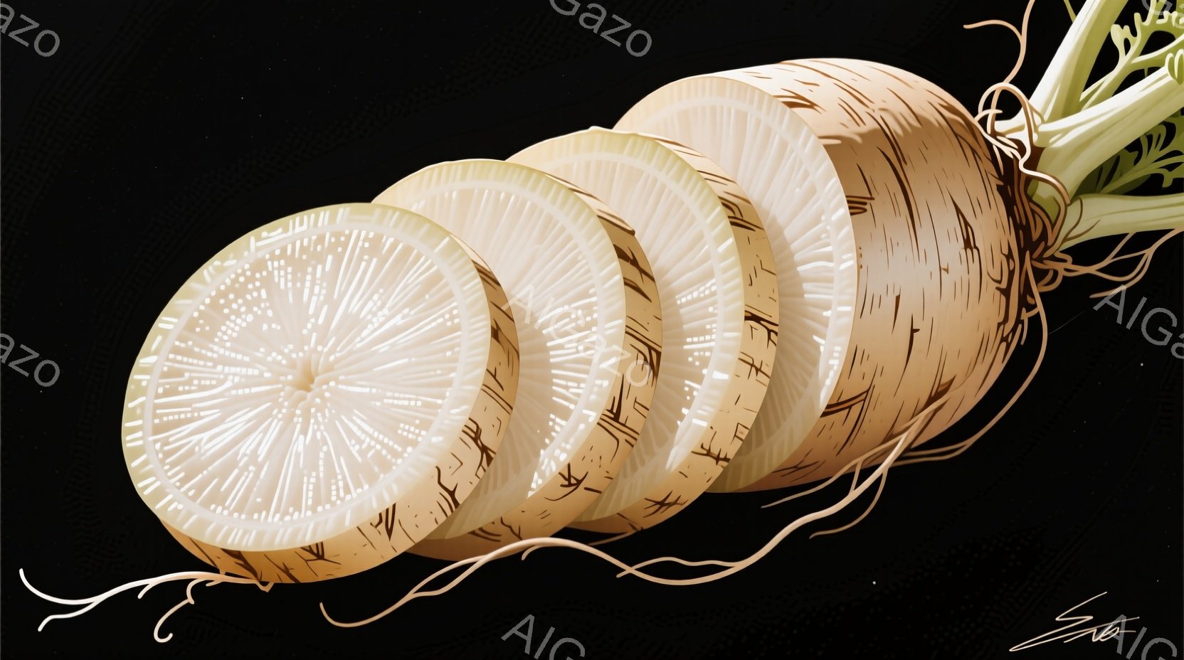 切り開かれた大根が、根元から順に、円盤状に並んでいます。大根の断面は白く、中心から放射状に細かい線が伸びており、内部構造が詳細に描かれています。黒い背景が、大根の白さを際立たせており、根の部分は細く、茶色っぽい線が伸びています。