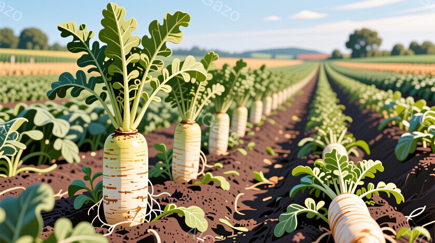 広大な畑には、白い根菜が整然と並んでいます。緑豊かな葉は太陽の光を浴び、土壌は耕された茶色で、背景には遠くの緑の丘と青空が広がっています。全体的に、明るく穏やかな雰囲気で、収穫前の豊かな自然を感じさせ - AI生成フリー素材