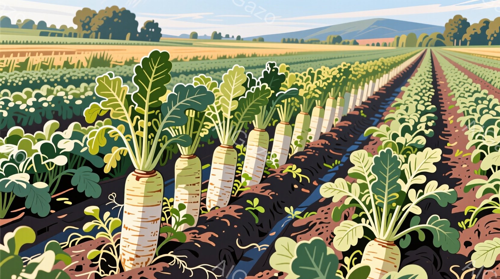 広大な畑には、白くて細長い根菜が整然と並んでおり、緑の葉が豊かに広がっています。背景には、遠くの丘陵地帯と、空に向かって伸びる木々が見え、晴れた日の穏やかな田園風景が広がっています。土は暗褐色で、作物 - AI生成フリー素材