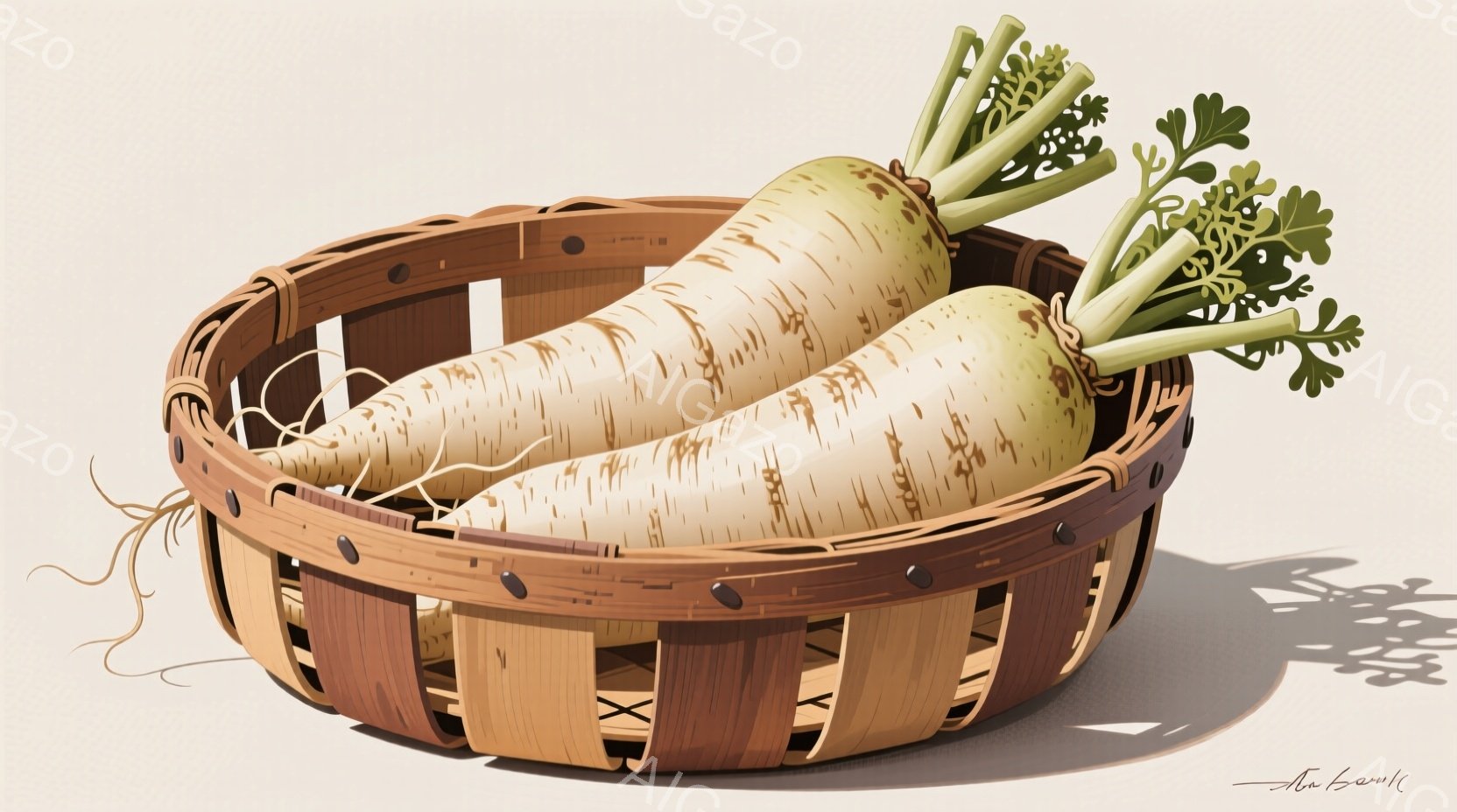 籠の中に二本の大きな大根が入っています。大根は緑色の葉を茂らせ、土が付いた根元が自然な風合いを醸し出しています。背景は淡いベージュ色で、籠の影がはっきりと写り込み、シンプルな構成ながらも温かみのある雰 - AI生成フリー素材