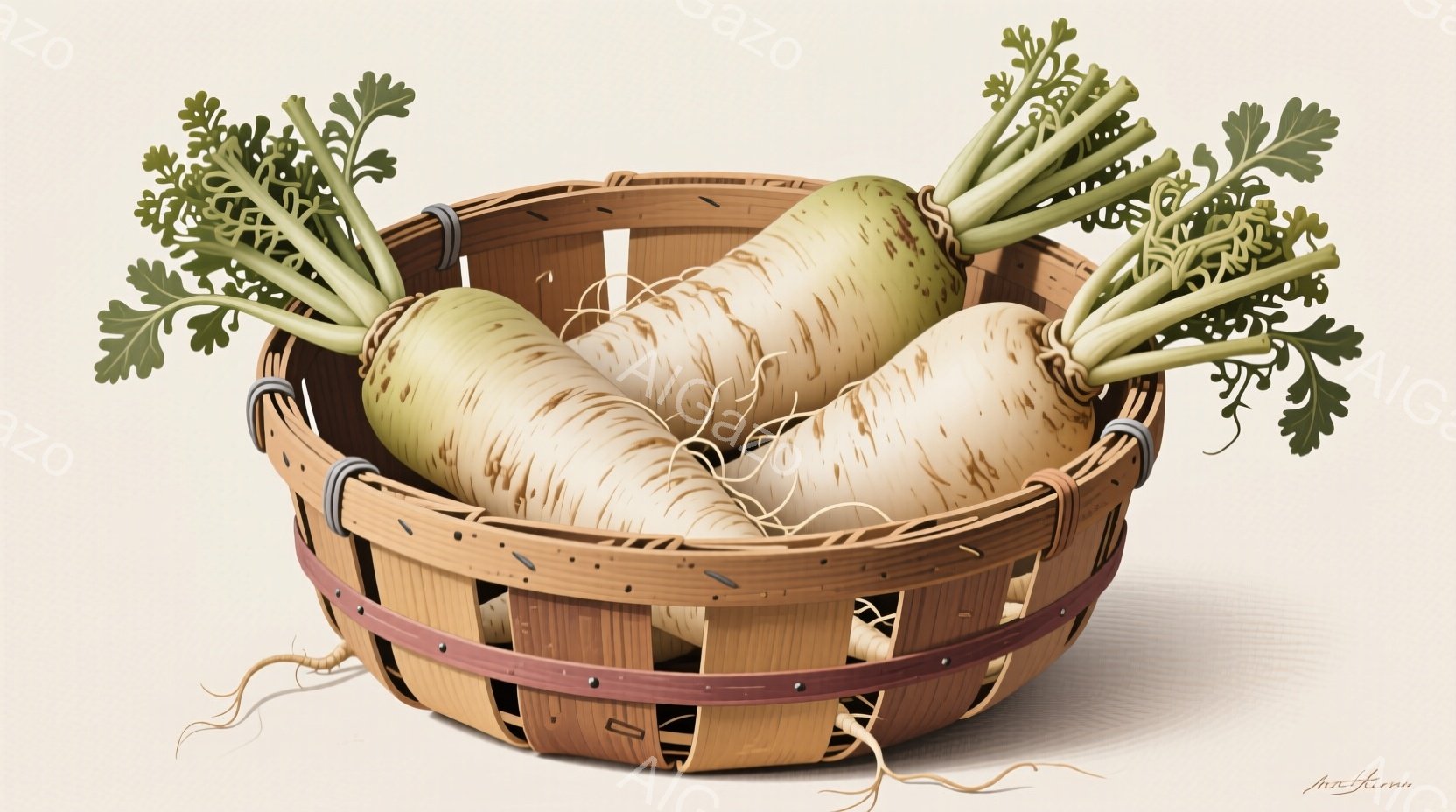 籐で編まれた浅い籠の中に、大根が数本入っている。大根は土が付いたままの状態で、緑色の葉が付いており、新鮮さを感じさせる。籠の編み目が細かく、影が優しく落ちており、温かく素朴な雰囲気を醸し出している。 - AI生成フリー素材