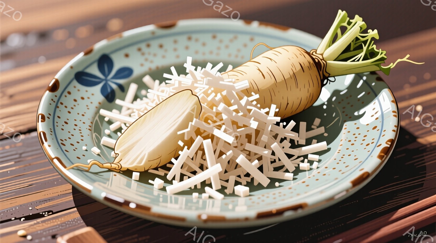 白いお皿に大根おろしと大根の塊が盛り付けられています。お皿は水色と茶色のドット模様で、縁には金色の線が入っています。木製のテーブルの上に置かれ、シンプルで清潔な印象を与え、和食の落ち着いた雰囲気を醸し出しています。
