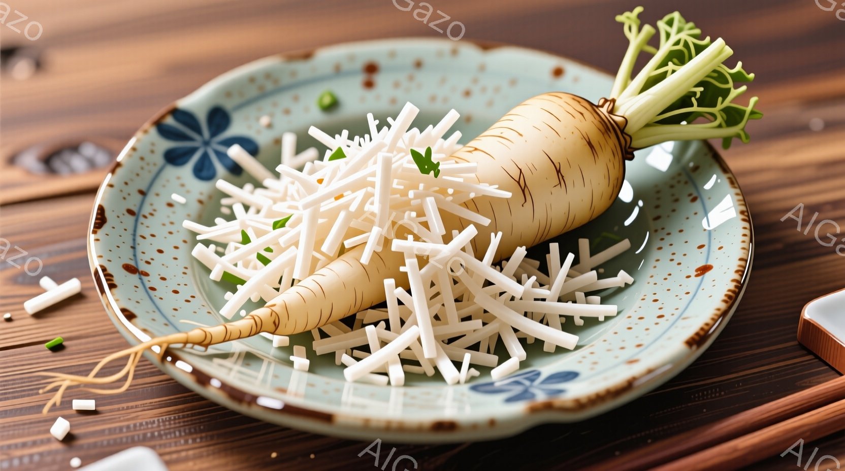陶器の皿に、細長く白い大根おろしが盛られ、その上に大根そのものが置かれています。皿は水色を基調とし、茶色と青の花模様が描かれており、周囲には大根おろしが散らばっています。木製のテーブルの上に置かれた皿 - AI生成フリー素材
